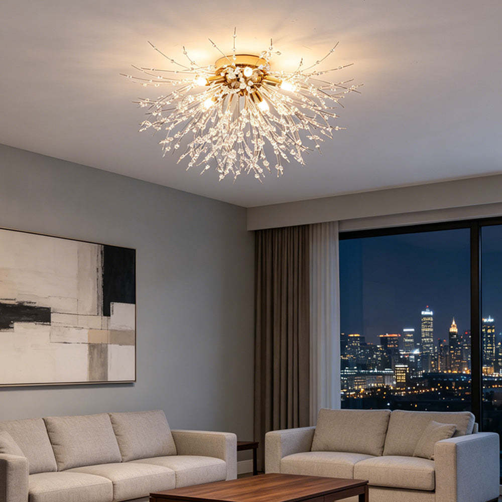 Modern Luxurious Gold Crystal Sputnik Flush Mount Ceiling Light for Living Room