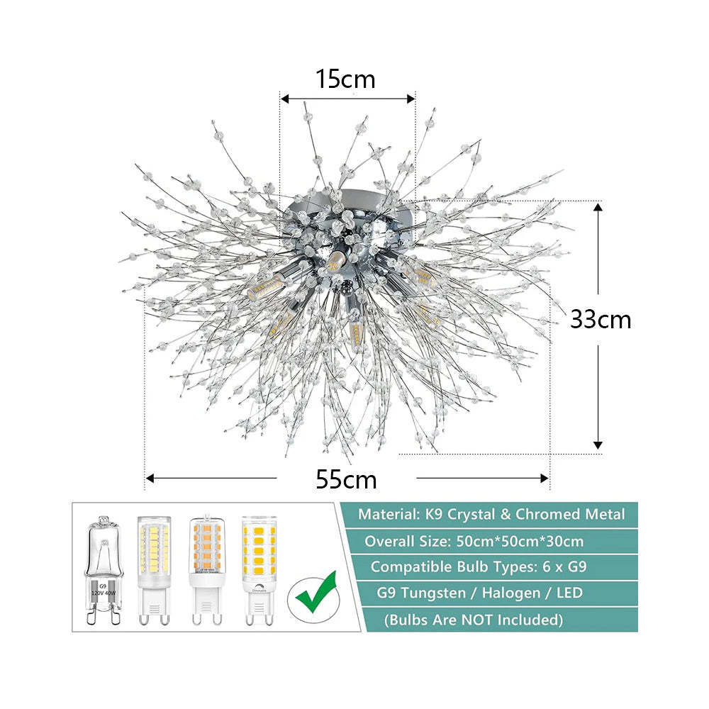 Modern Luxurious Gold Crystal Sputnik Flush Mount Ceiling Light for Living Room