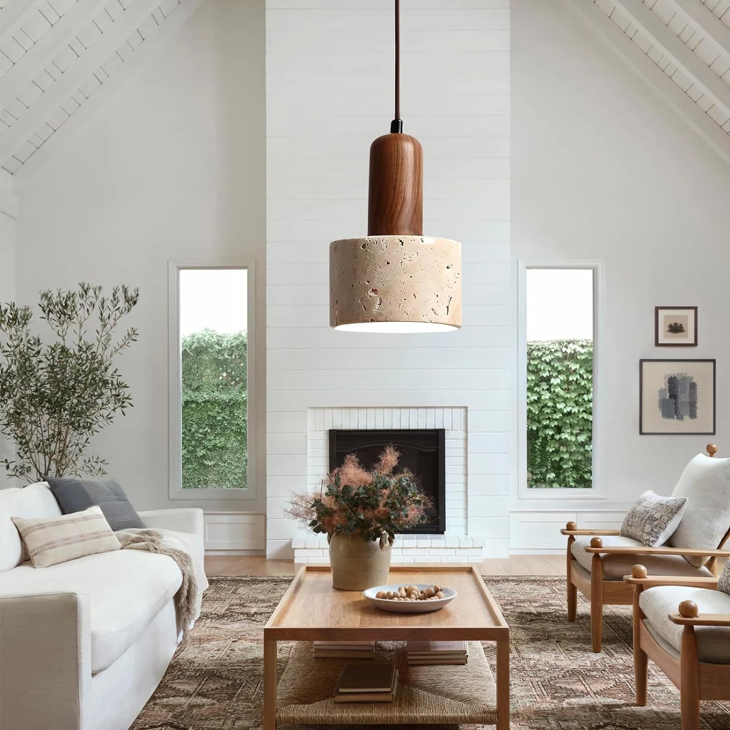 Retro Rustic Natural Stone Pendant Light For Bedroom