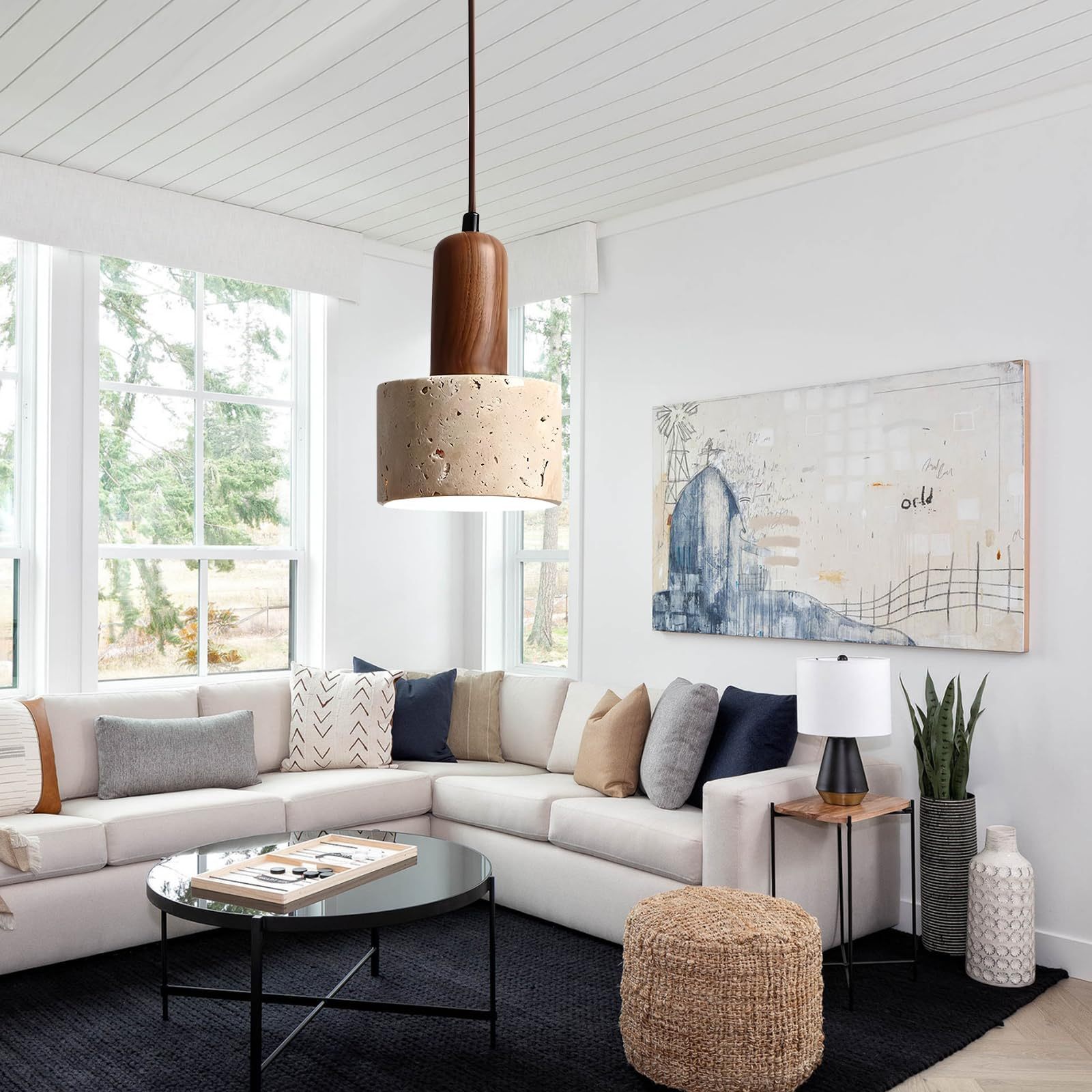 Retro Rustic Natural Stone Pendant Light For Bedroom