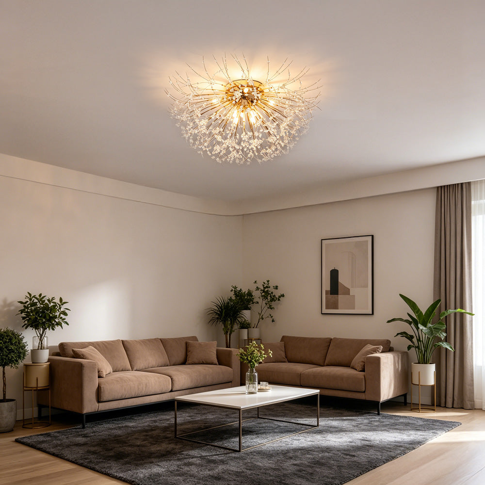Modern Luxurious Gold Crystal Sputnik Flush Mount Ceiling Light for Living Room