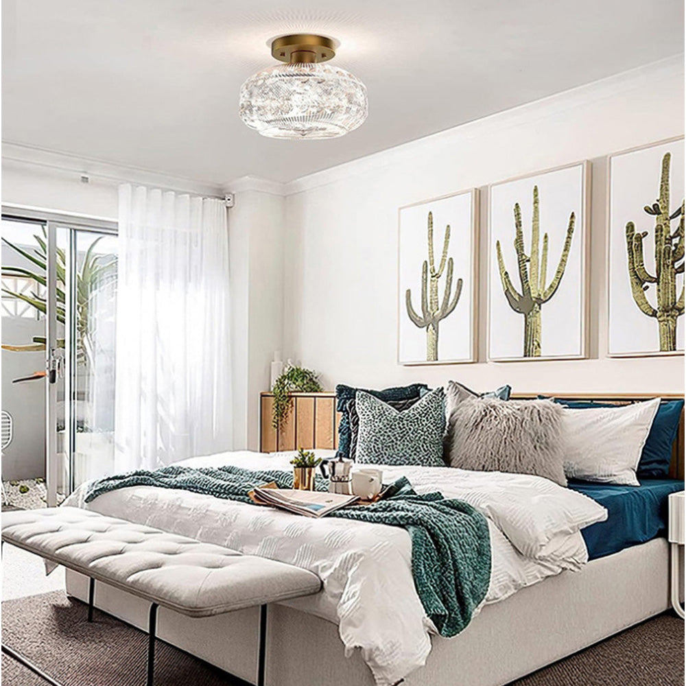 Homdiy Ceiling Lamp Luxury Metal Glass Round Semi-Flush Ceiling Light