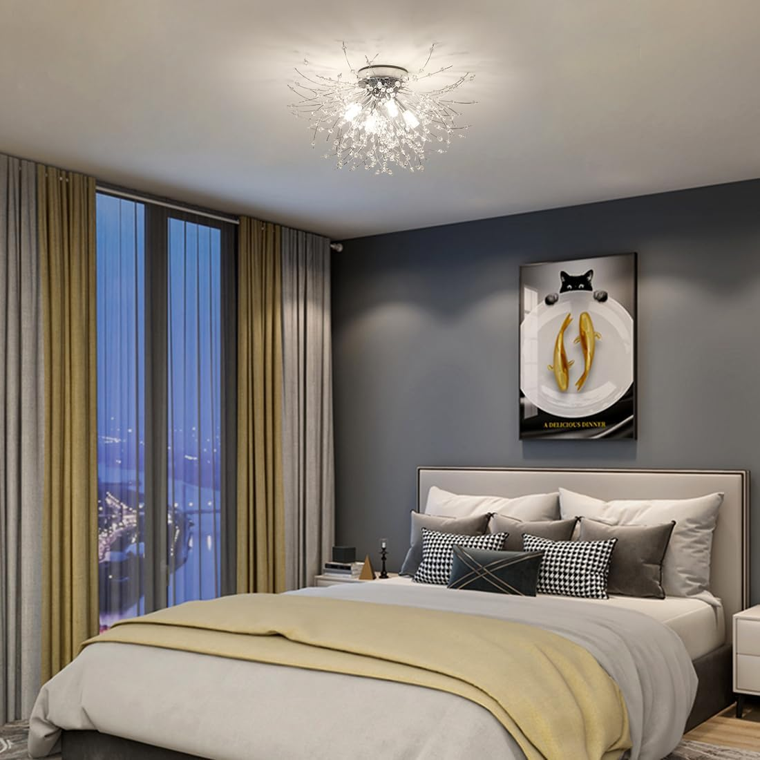 Modern Luxurious Gold Crystal Sputnik Flush Mount Ceiling Light for Living Room