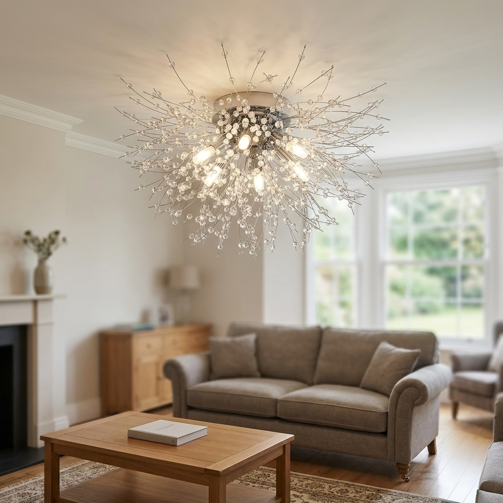 Modern Luxurious Gold Crystal Sputnik Flush Mount Ceiling Light for Living Room