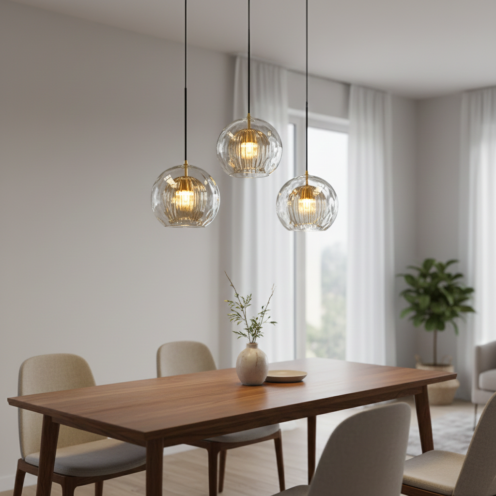 Contemporary Glass Globe Ribbed Pendant Light for Kitchen Island