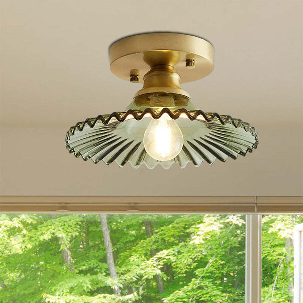 Homdiy Nordic Green Semi-Flush Mount Ceiling Light Ribbed Glass Ceiling Lamp