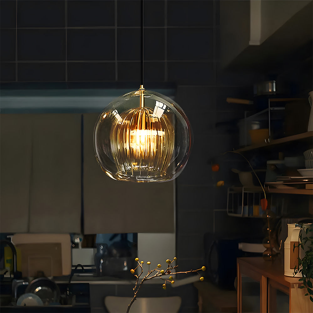Contemporary Glass Globe Ribbed Pendant Light for Kitchen Island