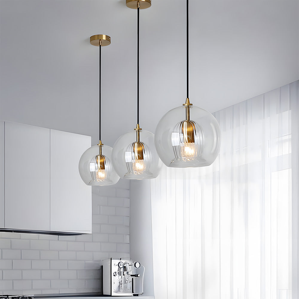 Contemporary Glass Globe Ribbed Pendant Light for Kitchen Island