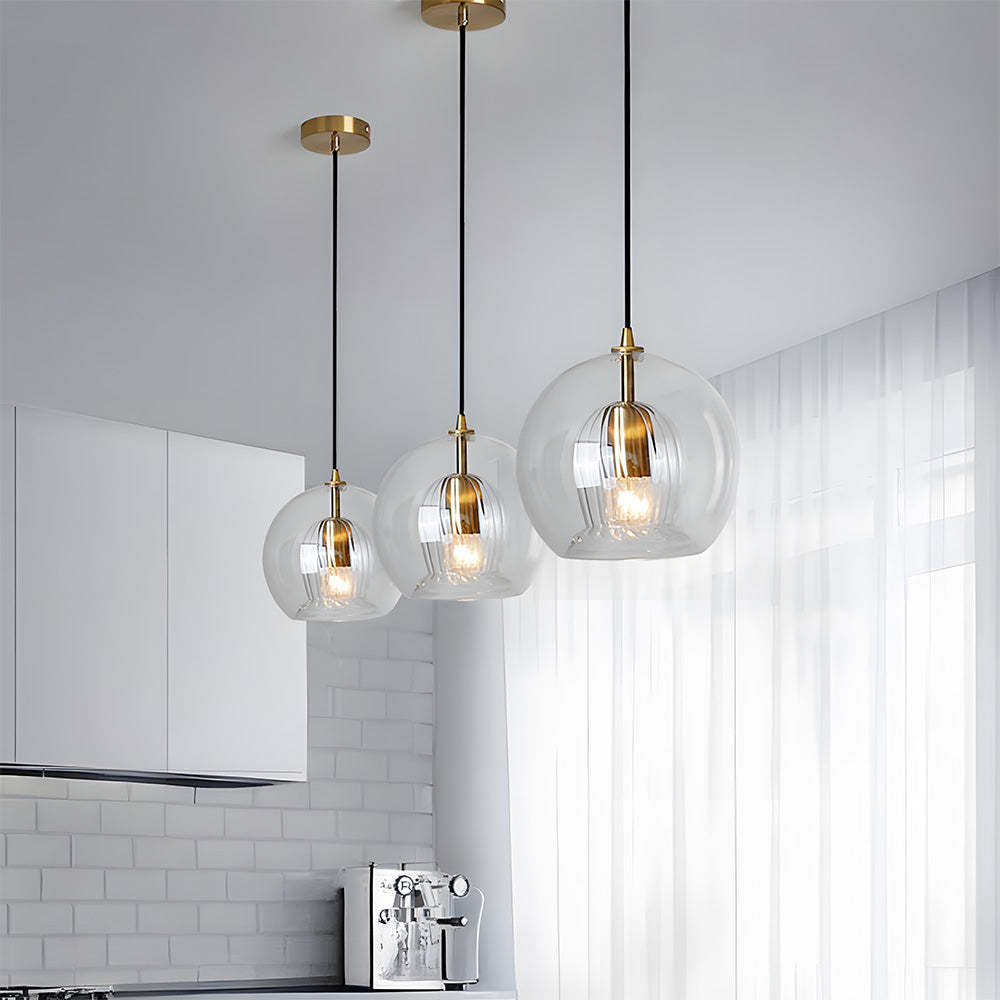 Contemporary Glass Globe Ribbed Pendant Light for Kitchen Island