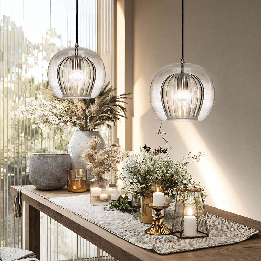 Contemporary Glass Globe Ribbed Pendant Light for Kitchen Island