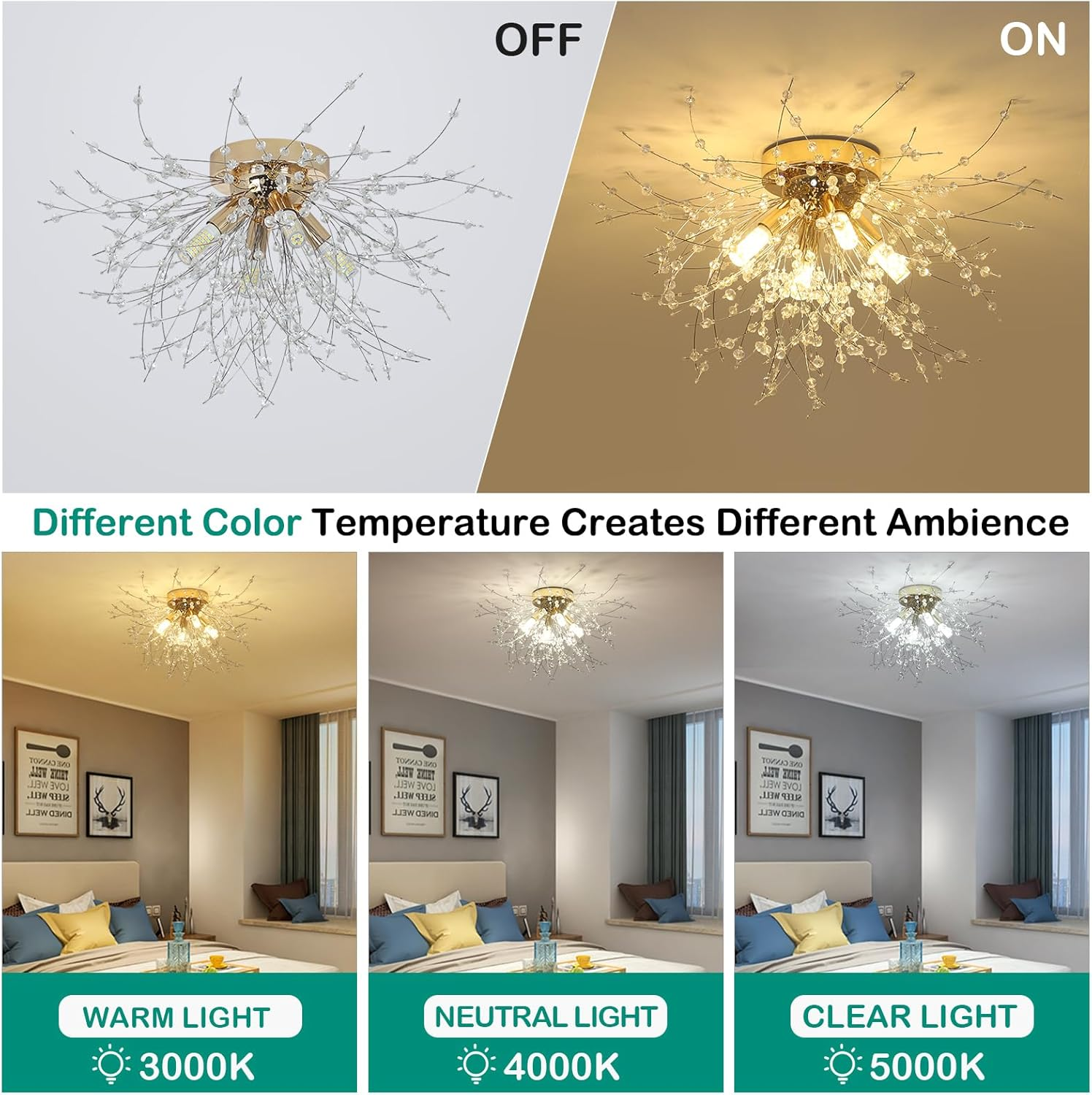 Modern Luxurious Gold Crystal Sputnik Flush Mount Ceiling Light for Living Room