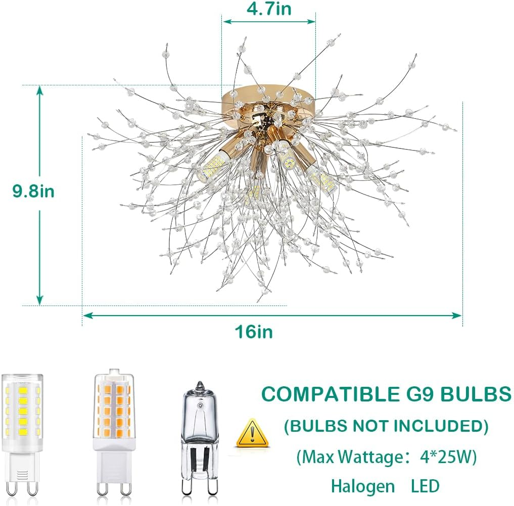 Modern Luxurious Gold Crystal Sputnik Flush Mount Ceiling Light for Living Room