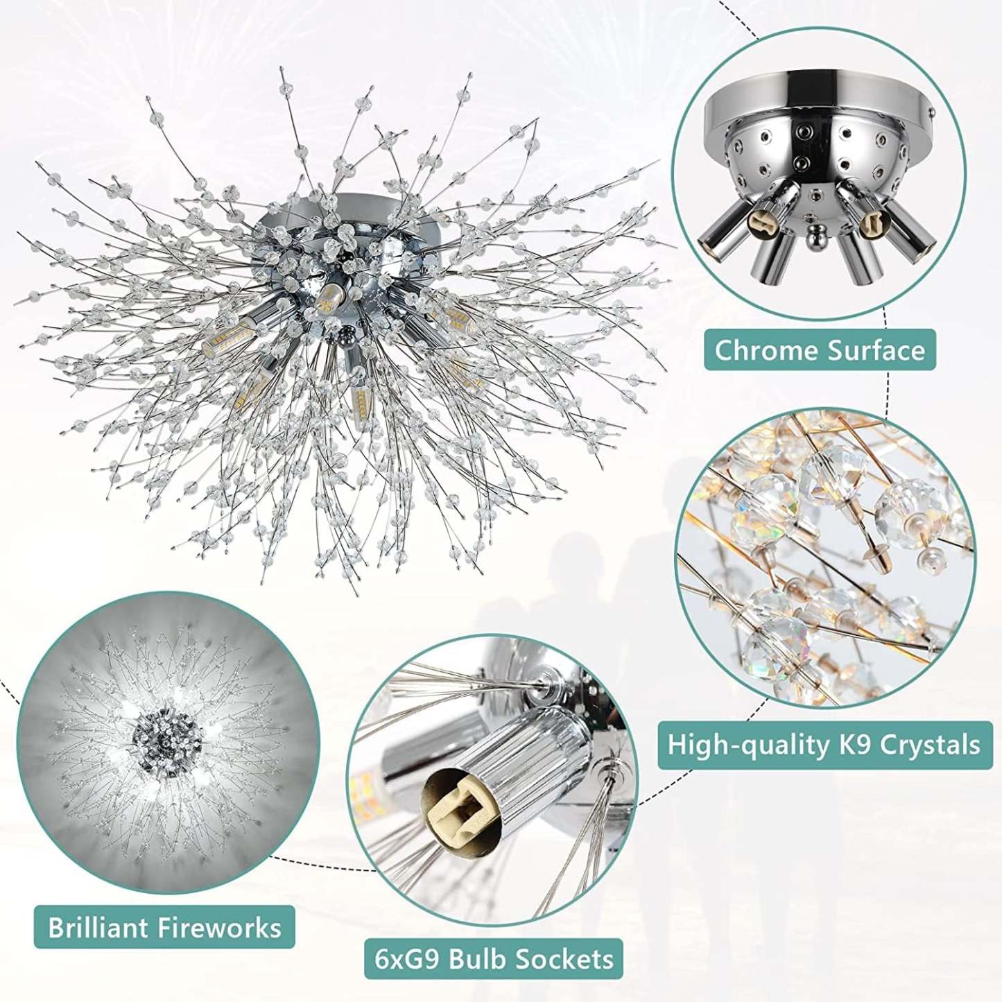 Modern Luxurious Gold Crystal Sputnik Flush Mount Ceiling Light for Living Room