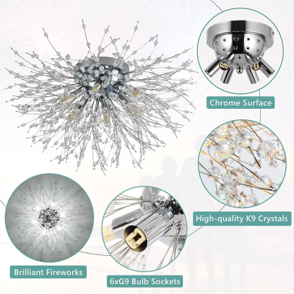 Modern Luxurious Gold Crystal Sputnik Flush Mount Ceiling Light for Living Room