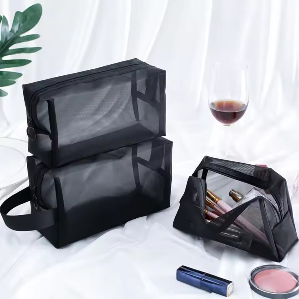 Foldable Transparent Washable Toiletry Bag Breathable Large Capacity Storage Mesh Travel Zipper Makeup Bag For Trip