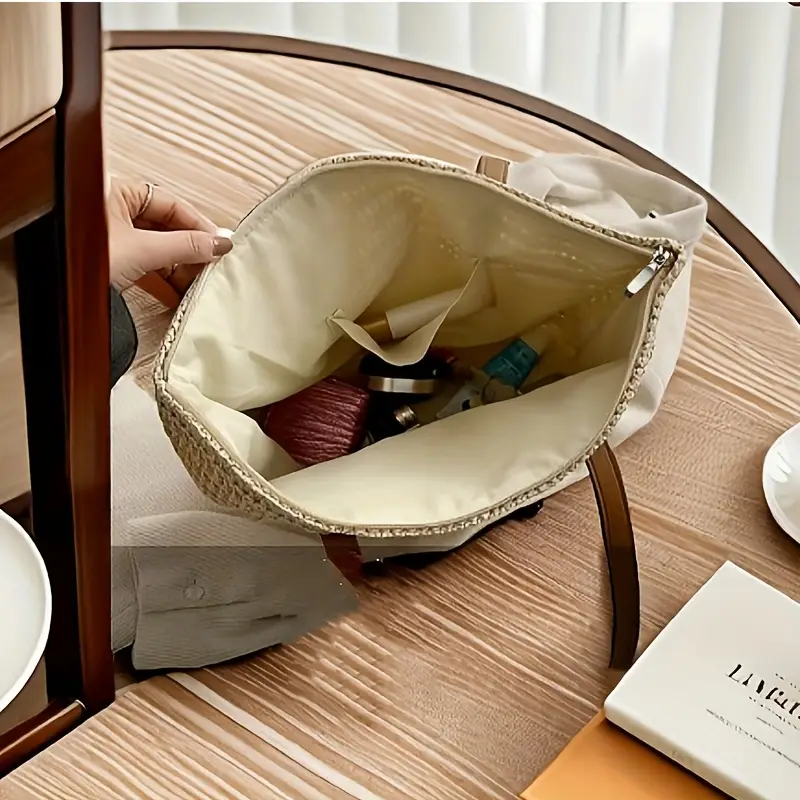 Inspired Large-Capacity Woven Tote Bag Lightweight Beige Straw with Zip Closure Perfect for Summer Beach Bag