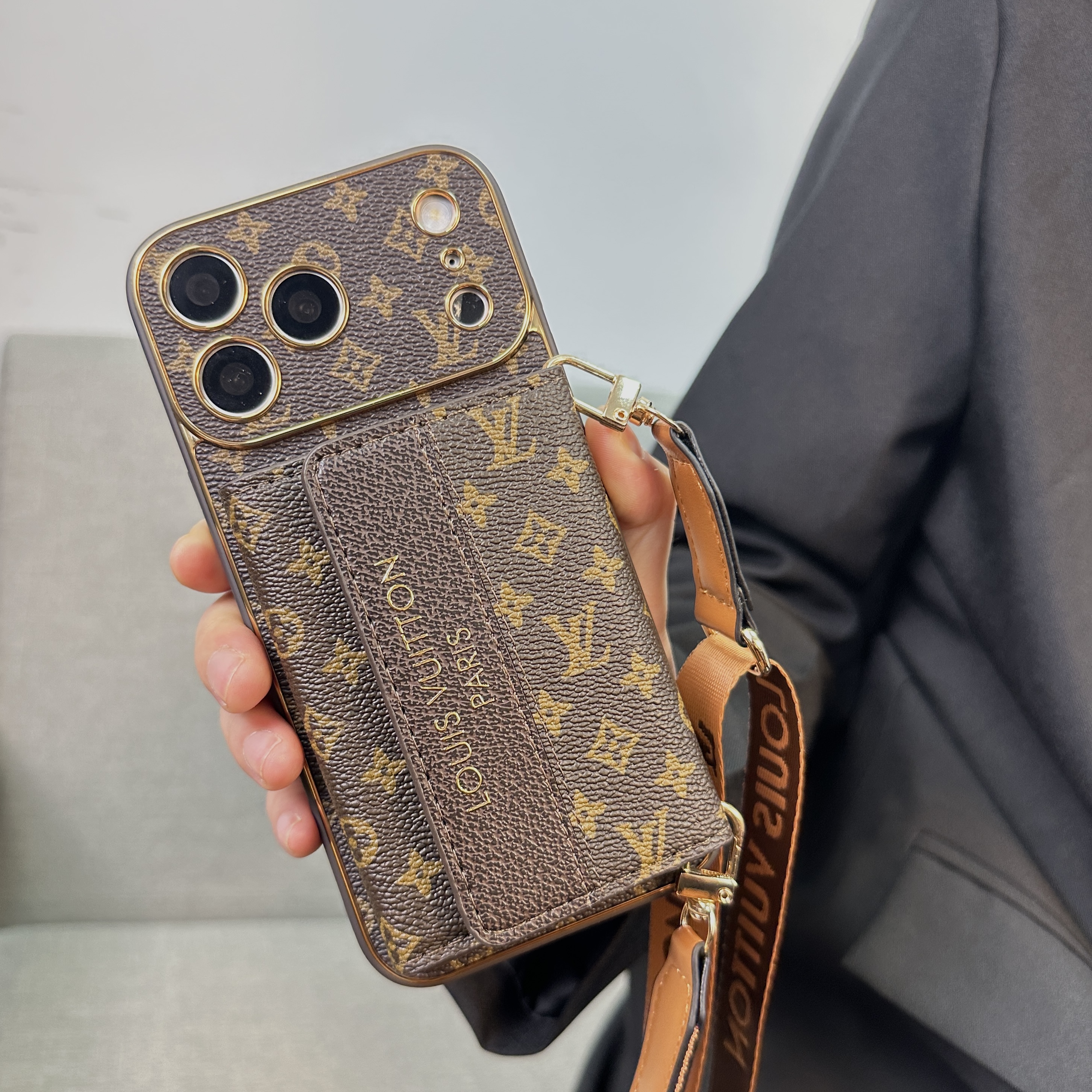 High-quality Leather Monogram iPhone Case With Wallet And Crossbody Strap For iPhone 17 Series-GELV153