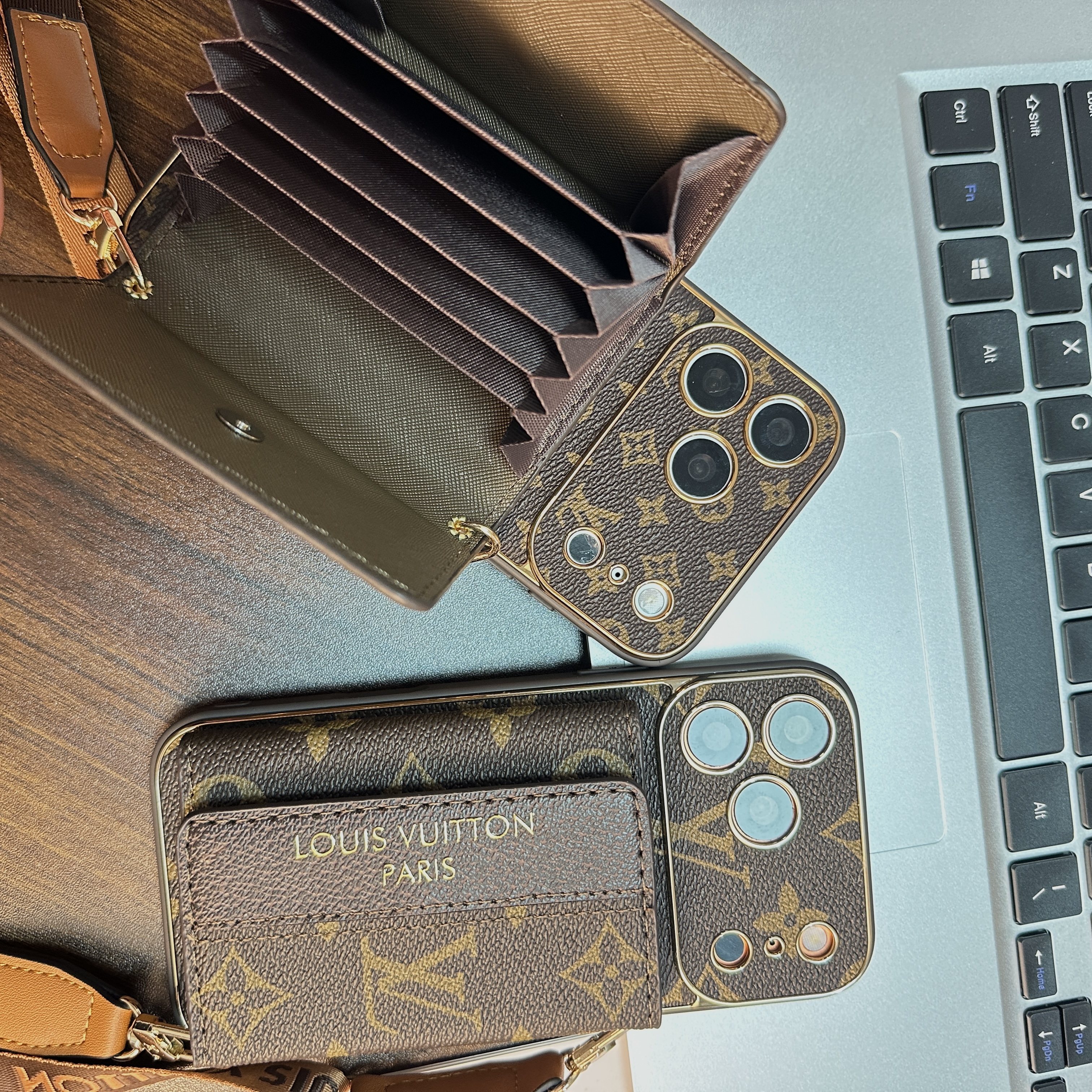 High-quality Leather Monogram iPhone Case With Wallet And Crossbody Strap For iPhone 17 Series-GELV153
