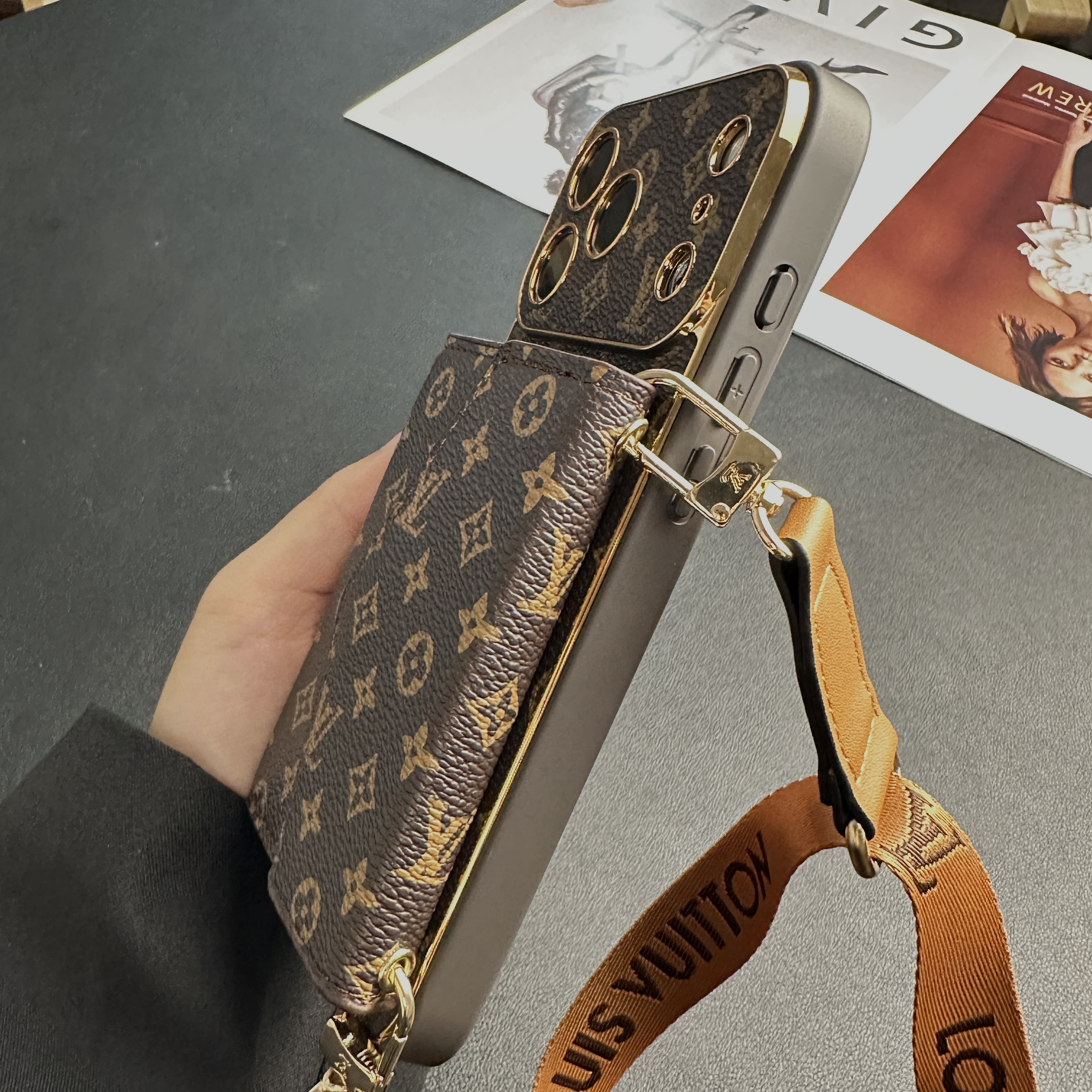 Stylish Leather Monogram iPhone Case With Wallet And Crossbody Strap For iPhone 17 Series-GELV151