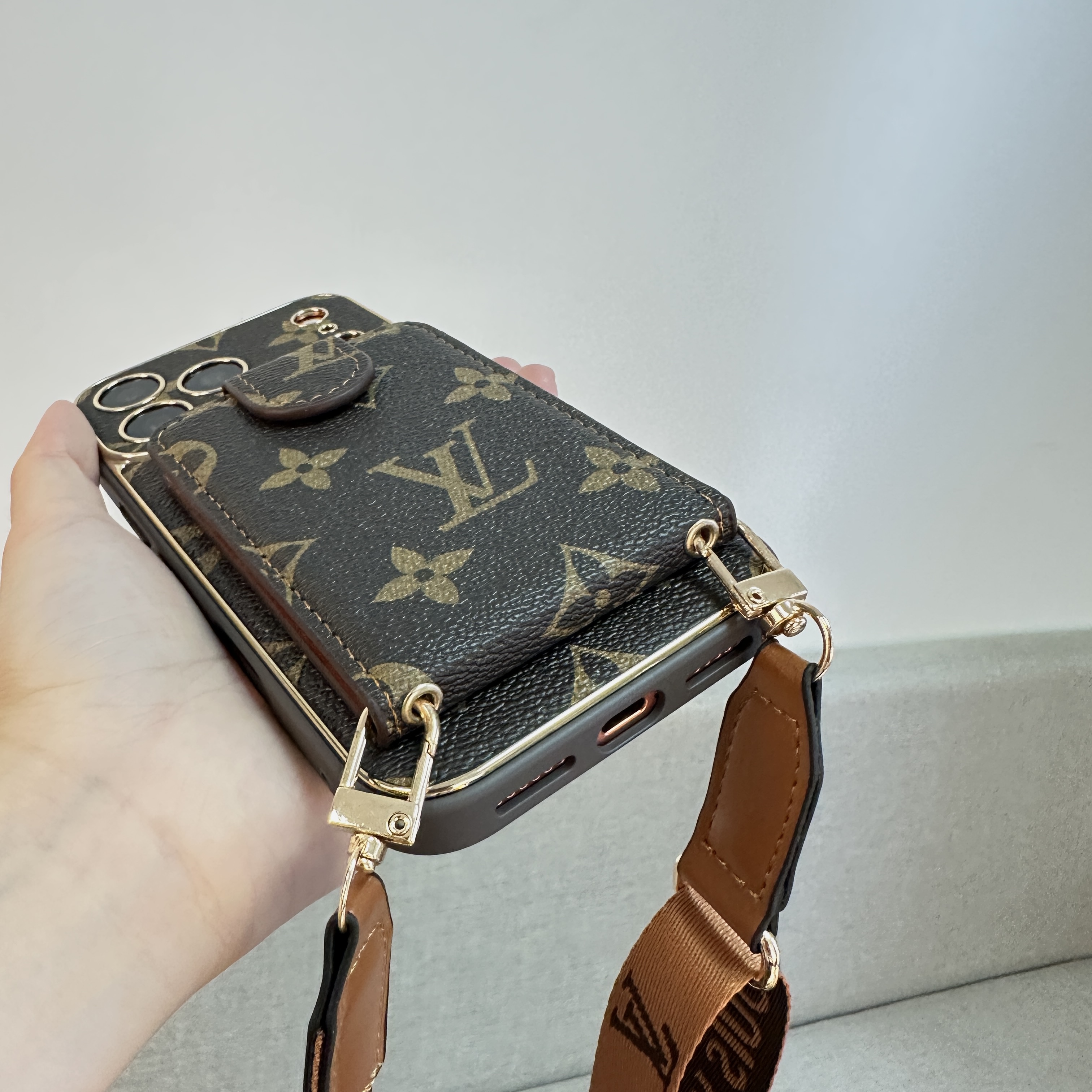 Refined Leather Monogram iPhone Case With Wallet And Crossbody Strap For iPhone 17 Series-GELV150