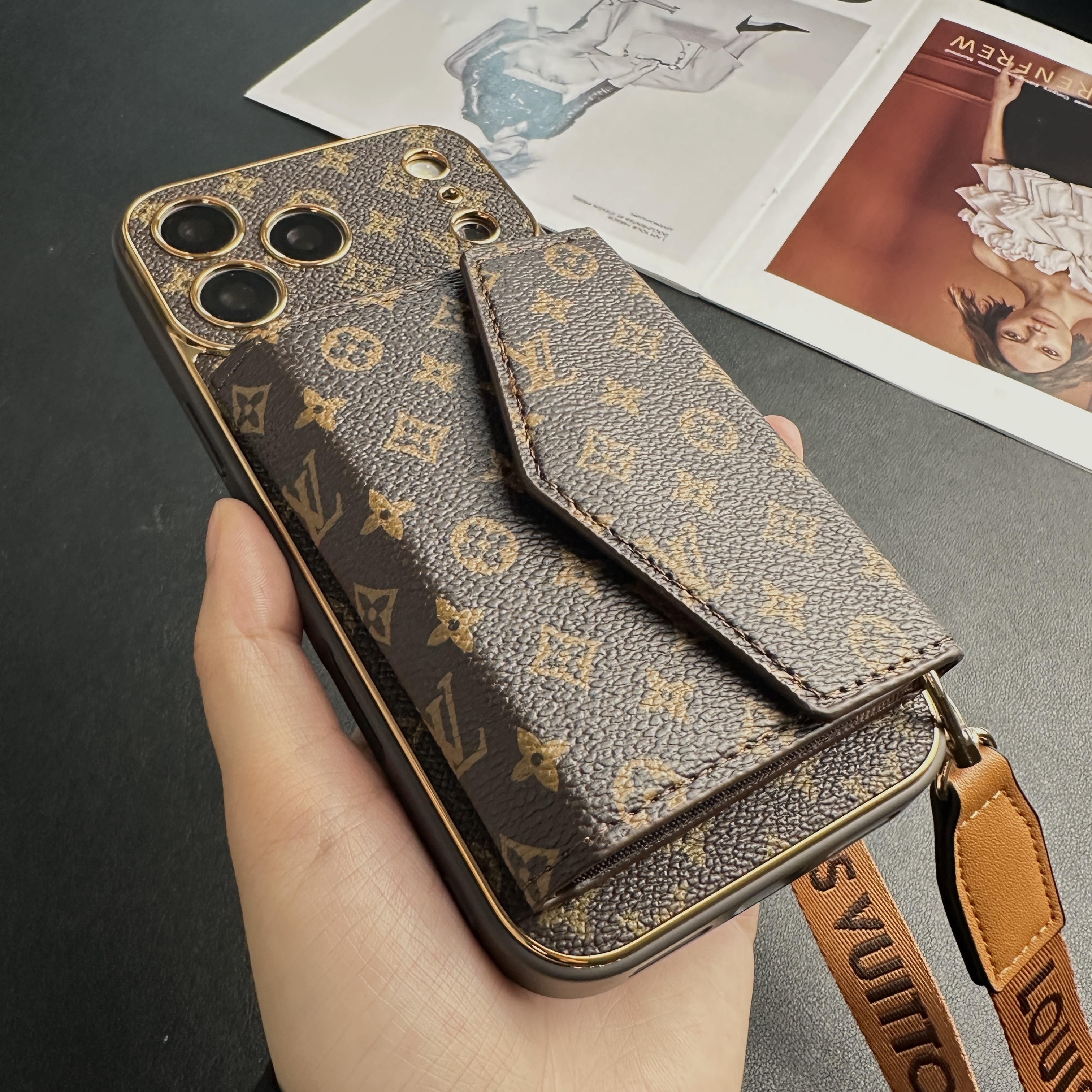 Stylish Leather Monogram iPhone Case With Wallet And Crossbody Strap For iPhone 17 Series-GELV151