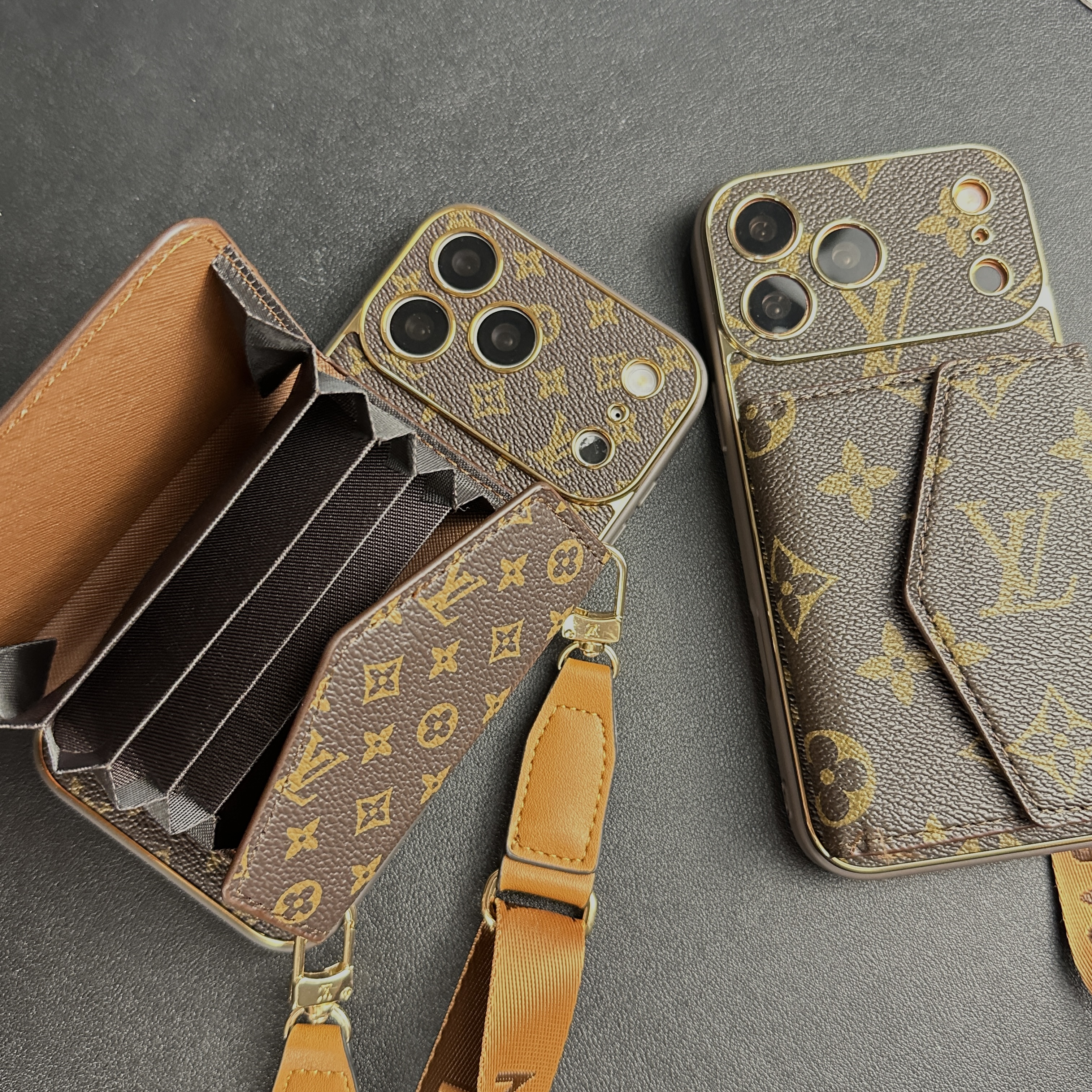 Stylish Leather Monogram iPhone Case With Wallet And Crossbody Strap For iPhone 17 Series-GELV151