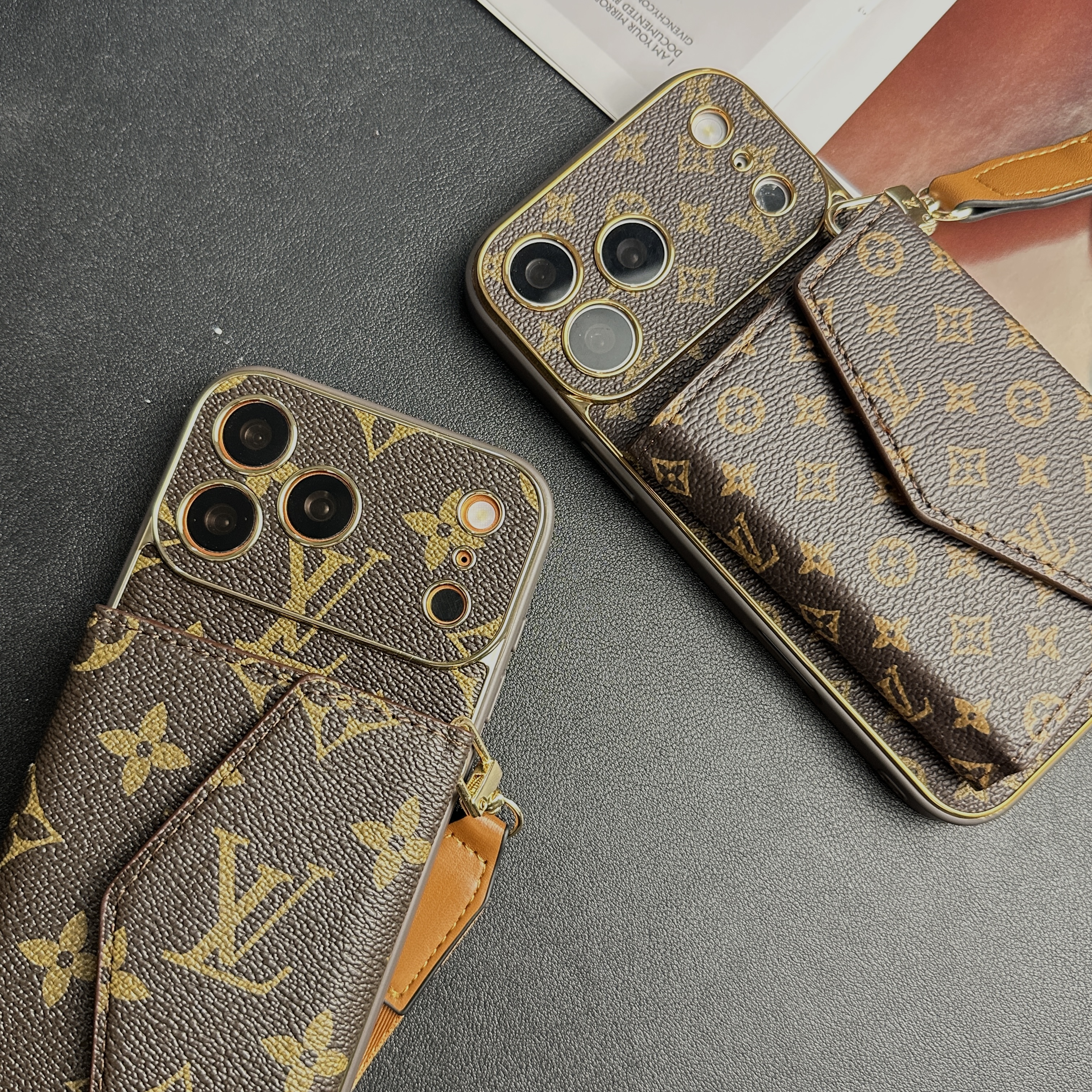 Stylish Leather Monogram iPhone Case With Wallet And Crossbody Strap For iPhone 17 Series-GELV151