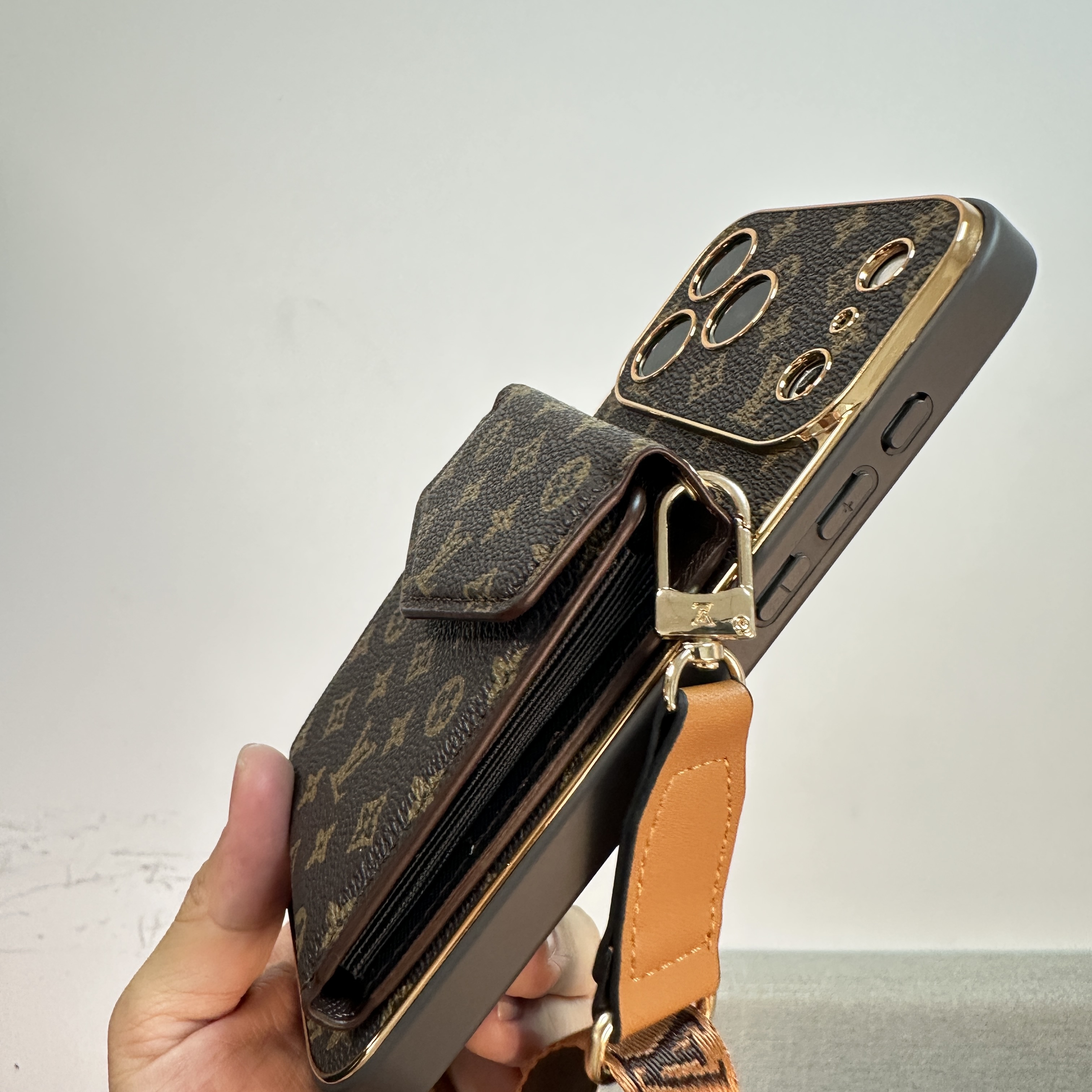 Luxury leather Monogram iPhone Case With Wallet And Crossbody Strap For iPhone 17 Series-GELV152