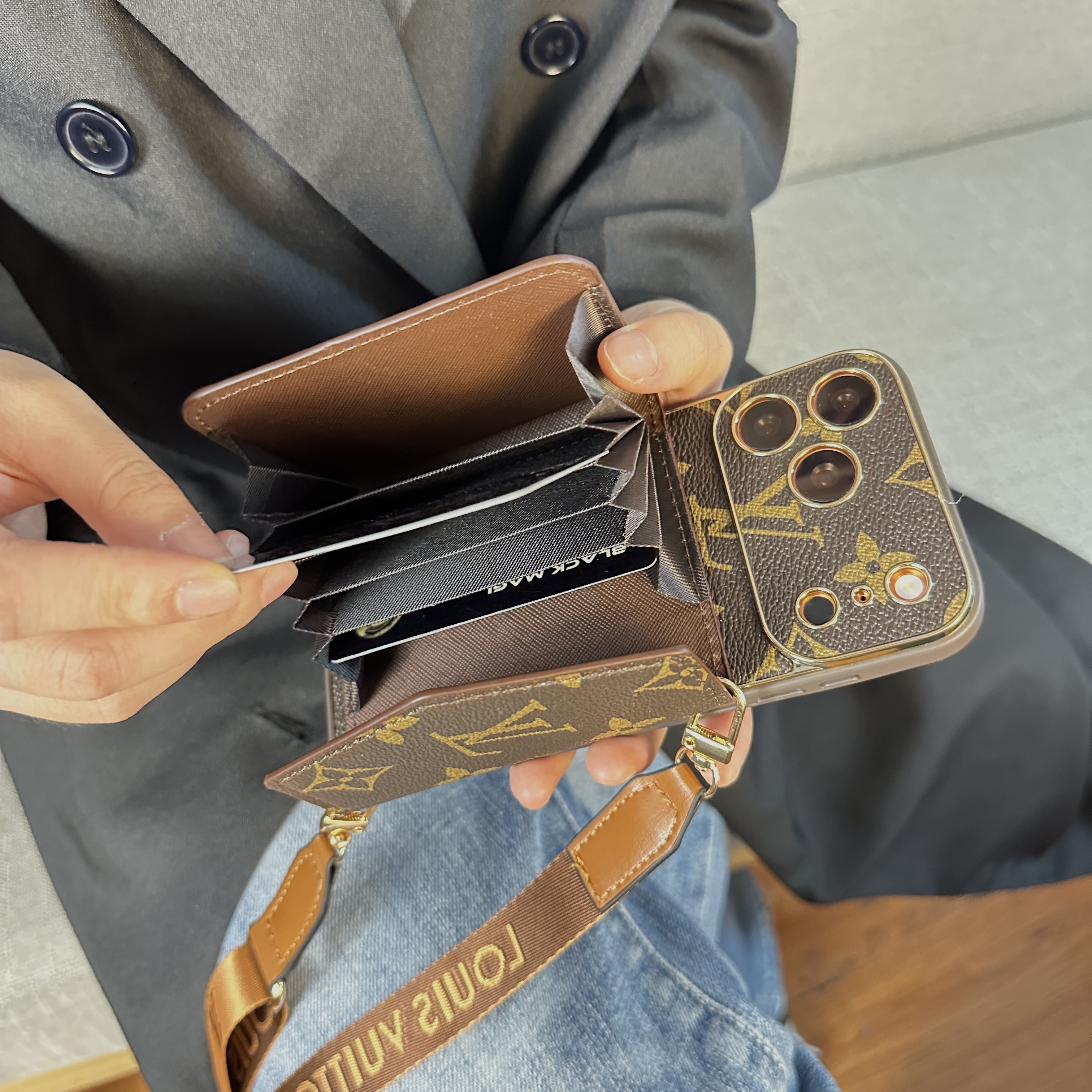 Stylish Leather Monogram iPhone Case With Wallet And Crossbody Strap For iPhone 17 Series-GELV151