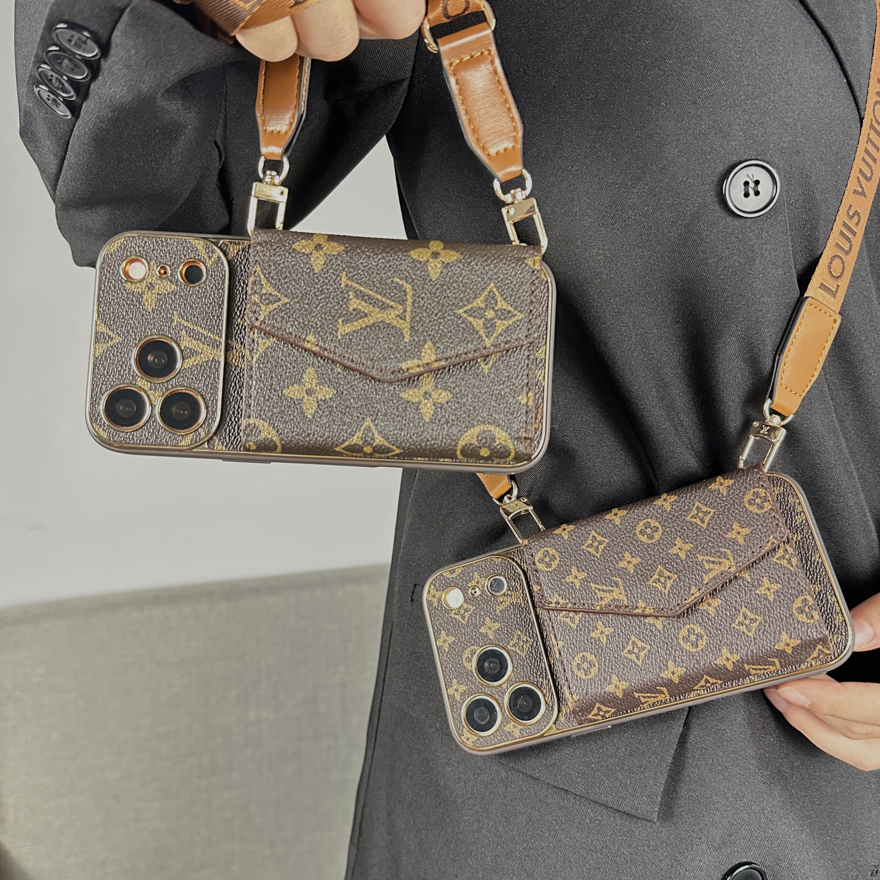Stylish Leather Monogram iPhone Case With Wallet And Crossbody Strap For iPhone 17 Series-GELV151