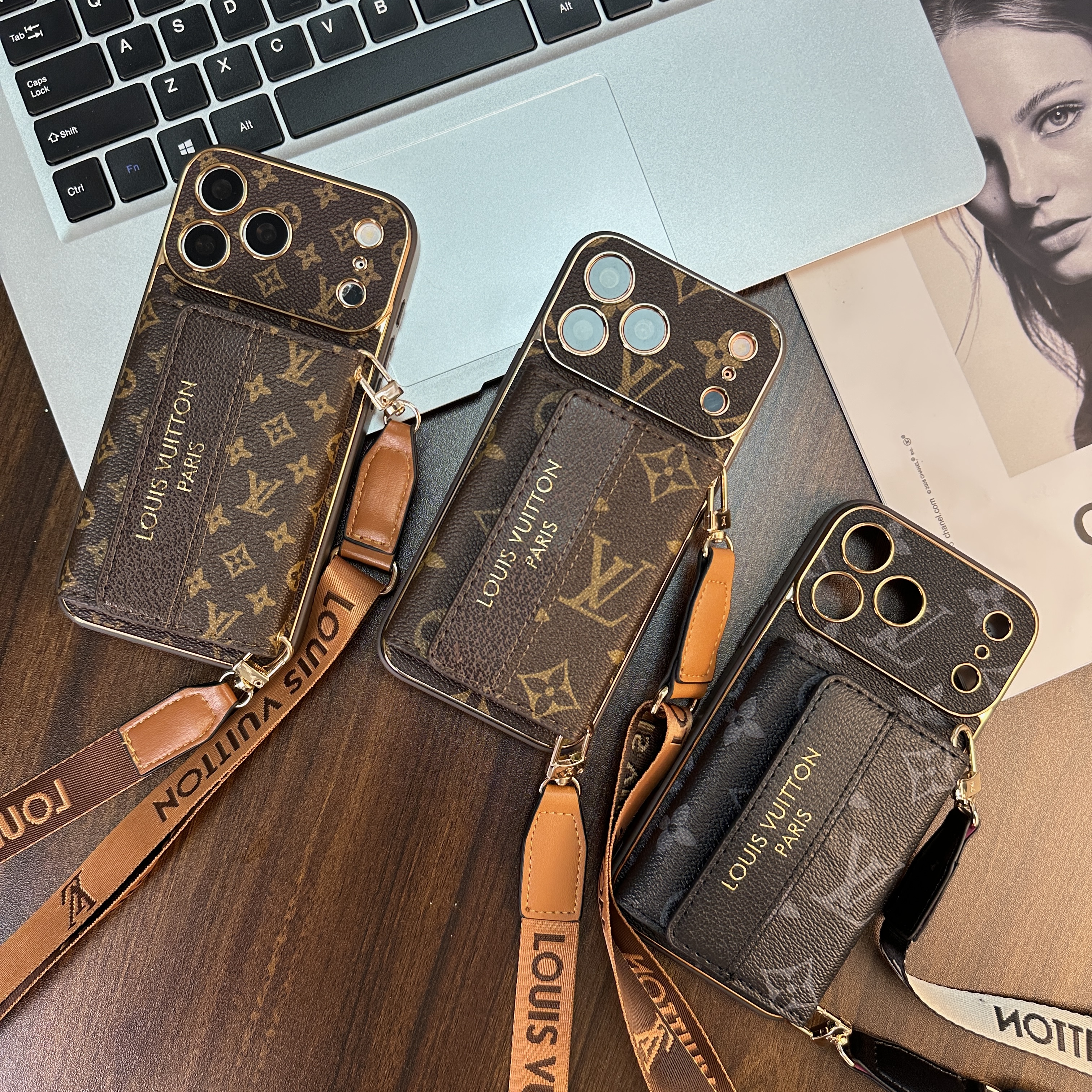 High-quality Leather Monogram iPhone Case With Wallet And Crossbody Strap For iPhone 17 Series-GELV153