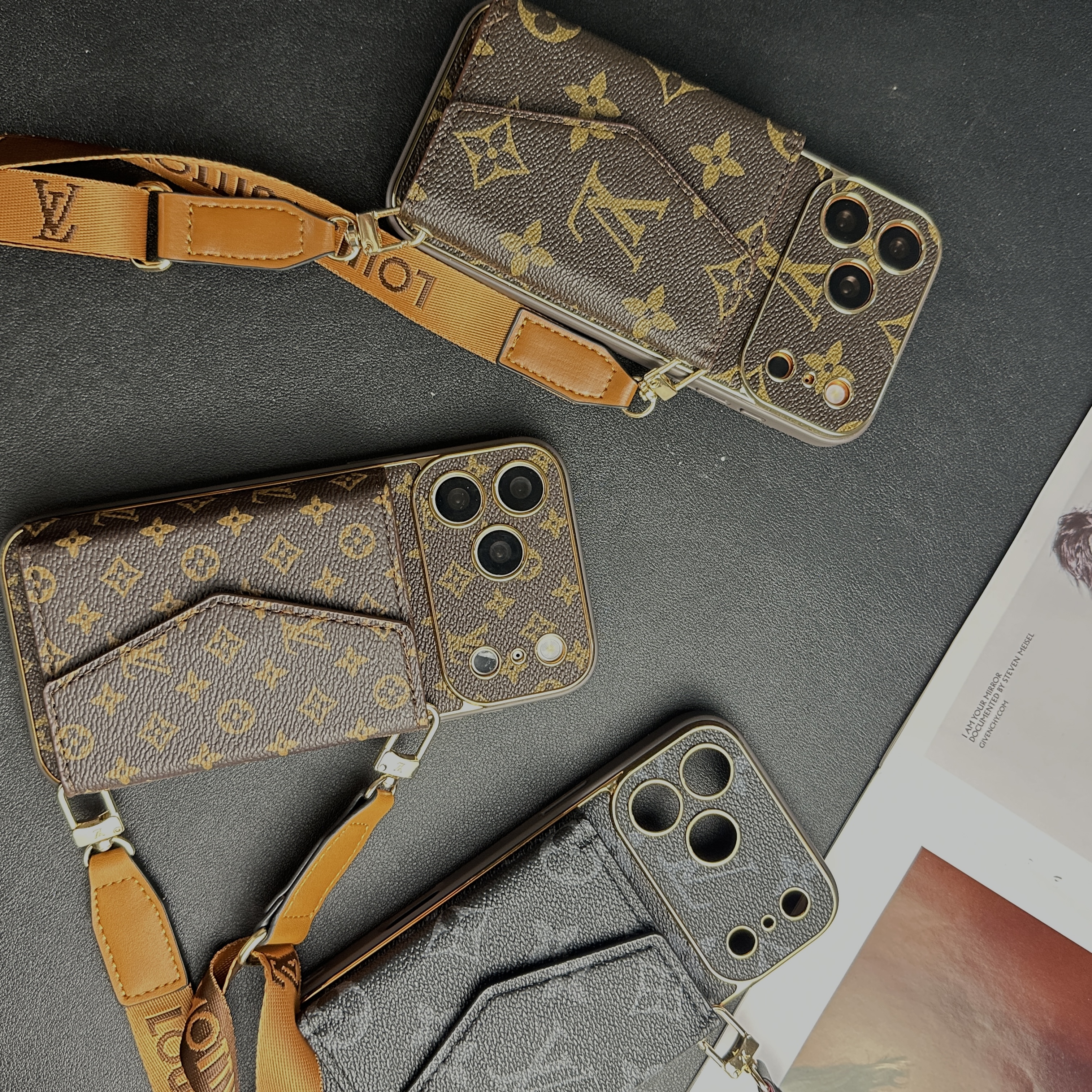 Stylish Leather Monogram iPhone Case With Wallet And Crossbody Strap For iPhone 17 Series-GELV151