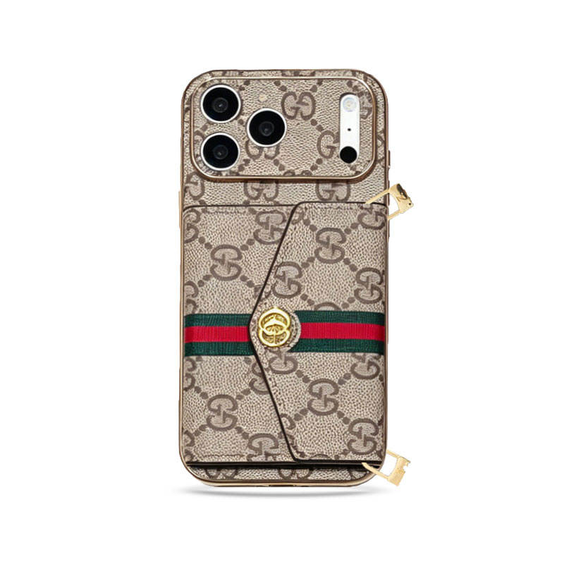 Elegant  Leather GG iPhone Case With Card Wallet And Crossbody Strap For iPhone 17 Series-GEGG167