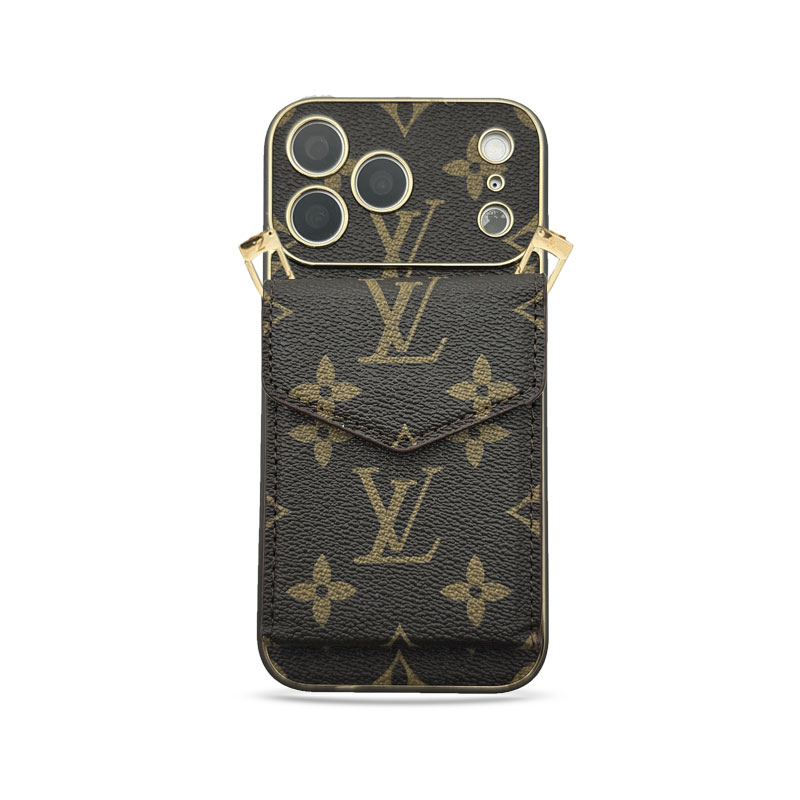 Premium Leather Monogram iPhone Case With Wallet And Crossbody Strap For iPhone 17 Series-GELV145