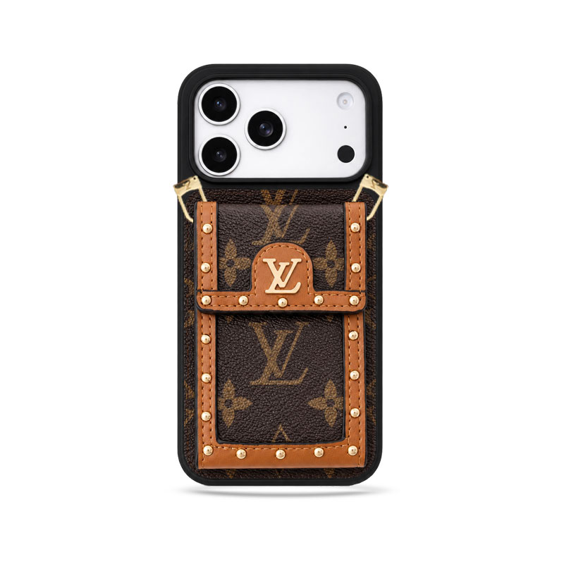 Classic Leather Monogram iPhone Case With Card Holder And Crossbody Strap For iPhone 17 Series-GELV237