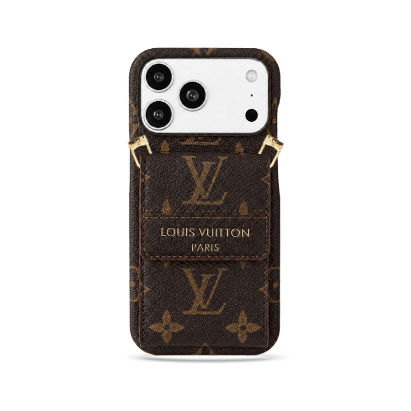 Premium Leather Monogram iPhone Case With Card Holder And Crossbody Strap For iPhone 17 Series-GELV239