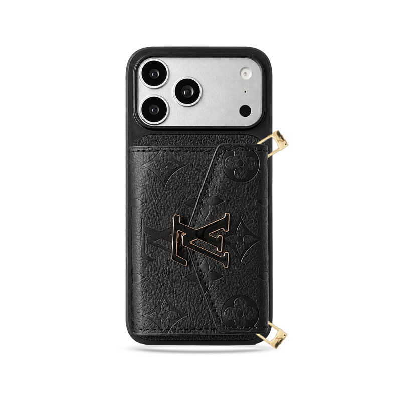 Luxury Leather Monogram iPhone Case With  Card Holder And Crossbody Strap For iPhone 17 Series-GELV241