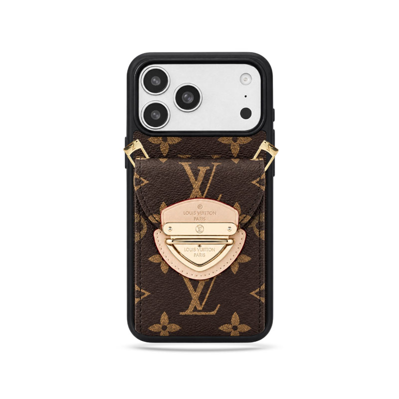 Premium Leather Monogram iPhone Case With Card Holder And Crossbody Strap For iPhone 17 Series-GELV242