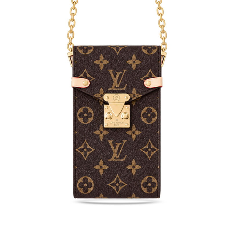 Premium Leather Monogram Phone Pouch with Gold Chain Strap-GELV254