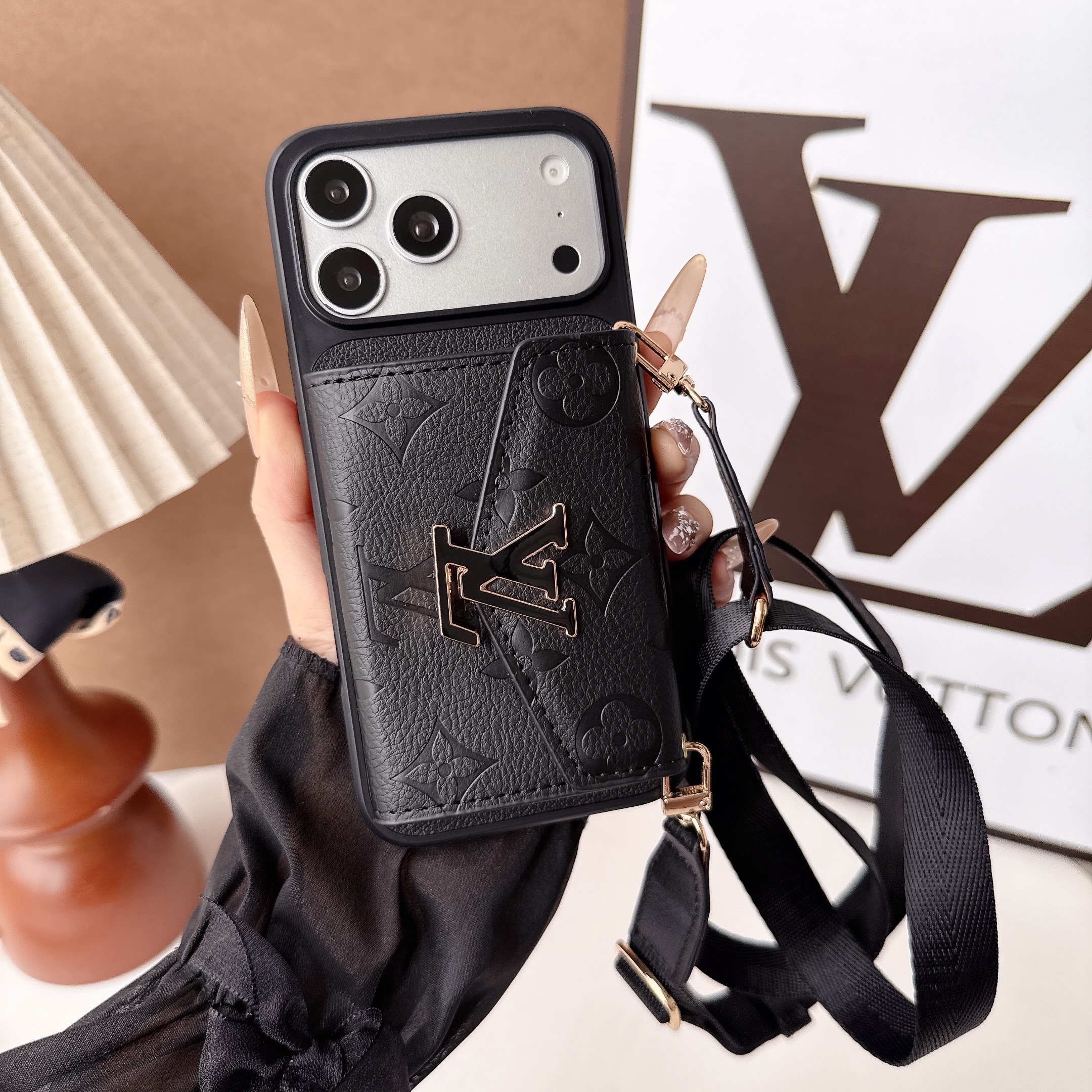 Luxury Leather Monogram iPhone Case With  Card Holder And Crossbody Strap For iPhone 17 Series-GELV241