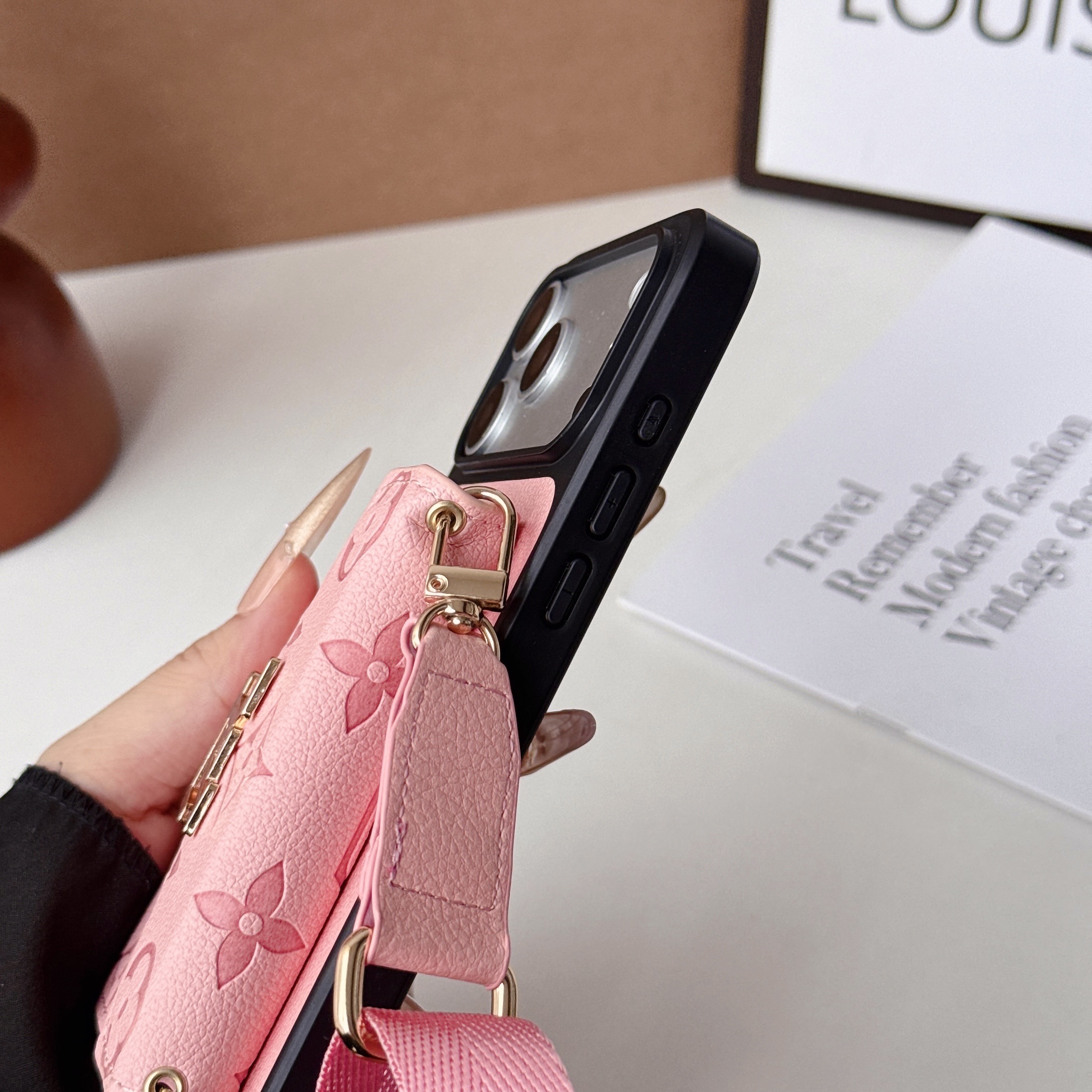Luxury Leather Monogram iPhone Case With  Card Holder And Crossbody Strap For iPhone 17 Series-GELV241