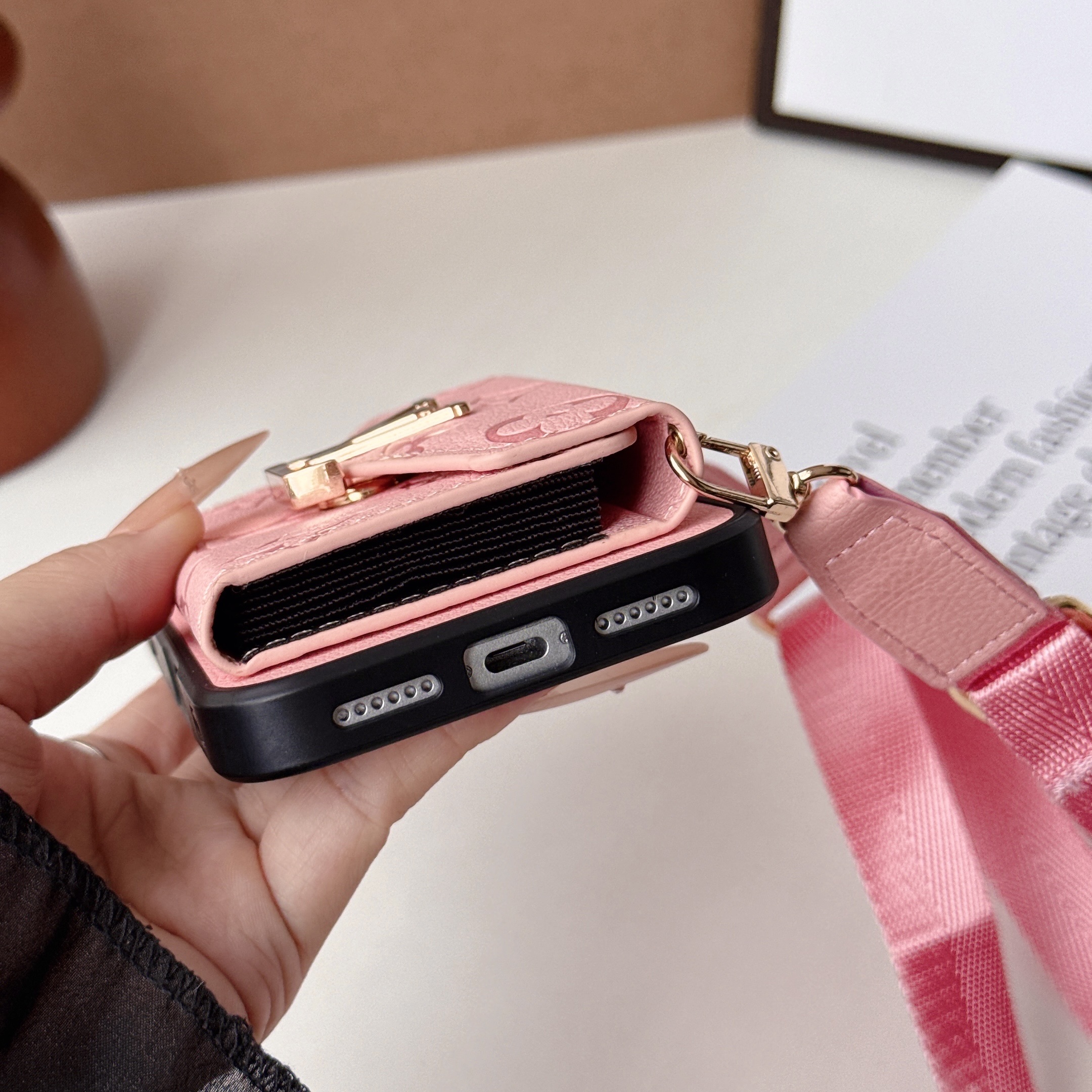 Luxury Leather Monogram iPhone Case With  Card Holder And Crossbody Strap For iPhone 17 Series-GELV241