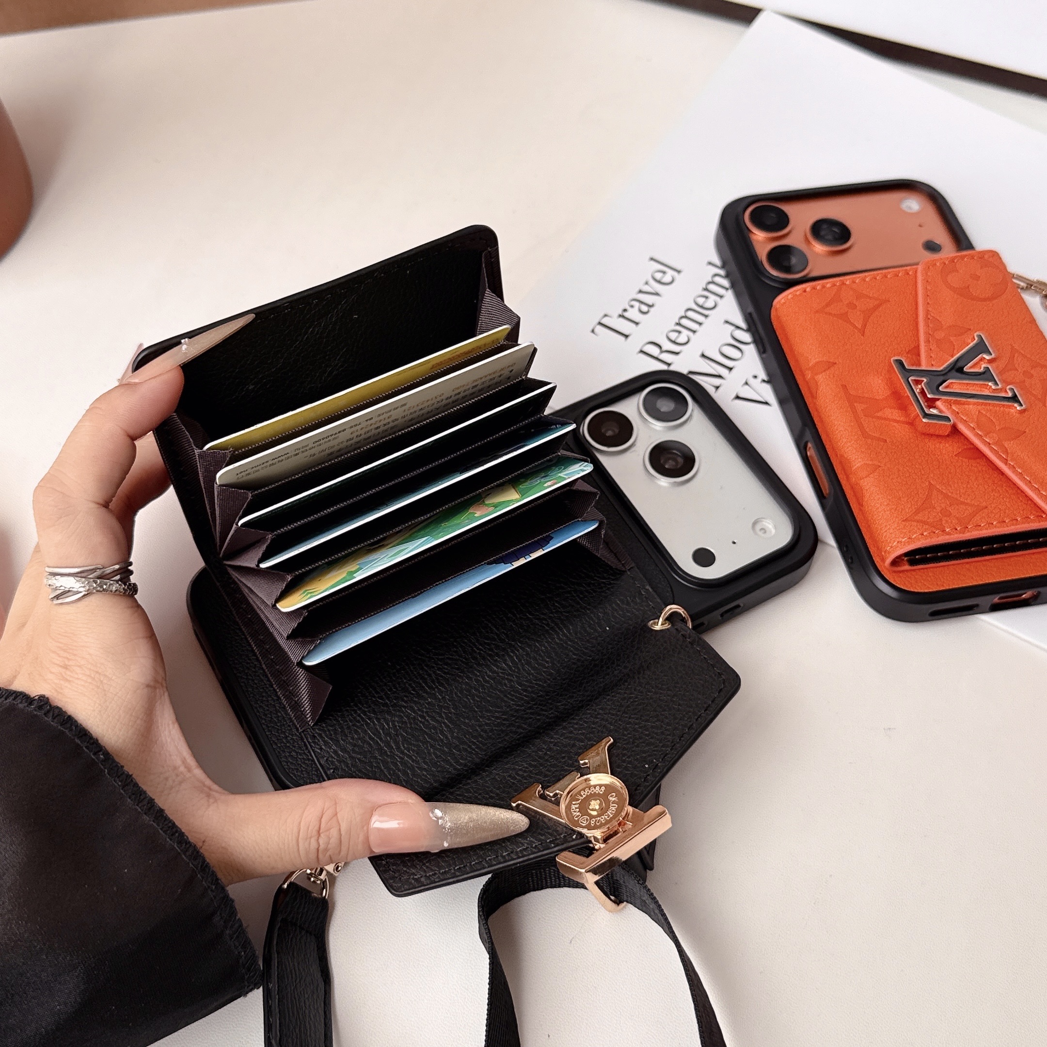 Luxury Leather Monogram iPhone Case With  Card Holder And Crossbody Strap For iPhone 17 Series-GELV241