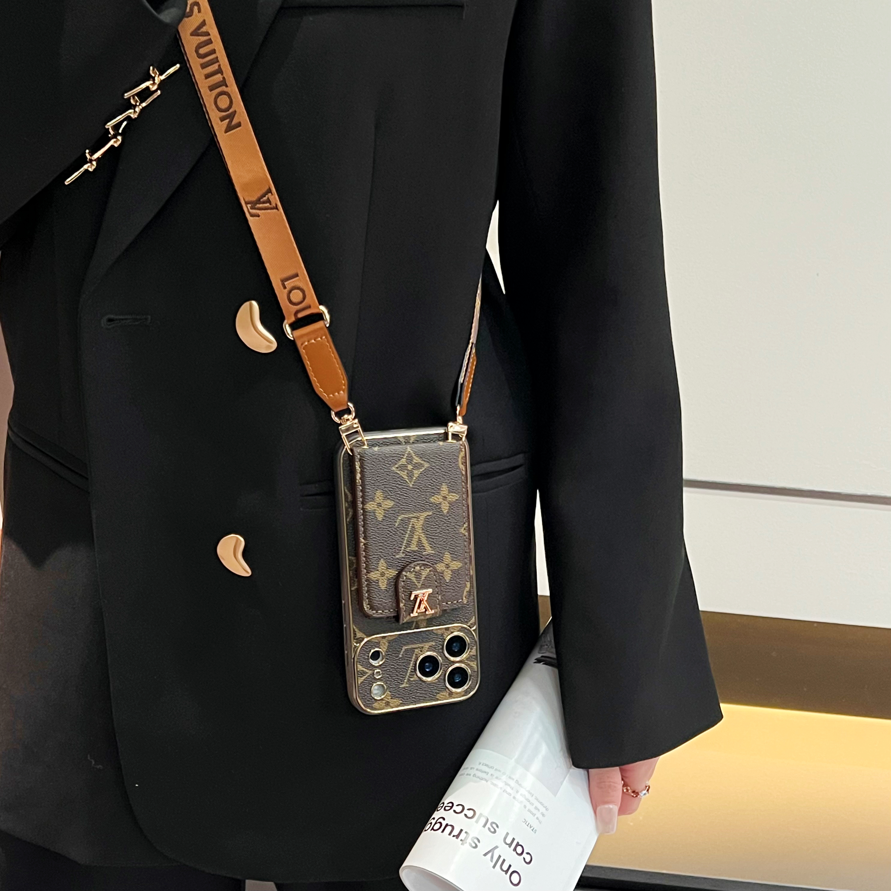 Luxury  Leather Monogram iPhone Case With Card Wallet And Crossbody Strap For iPhone 17 Series-GELV161
