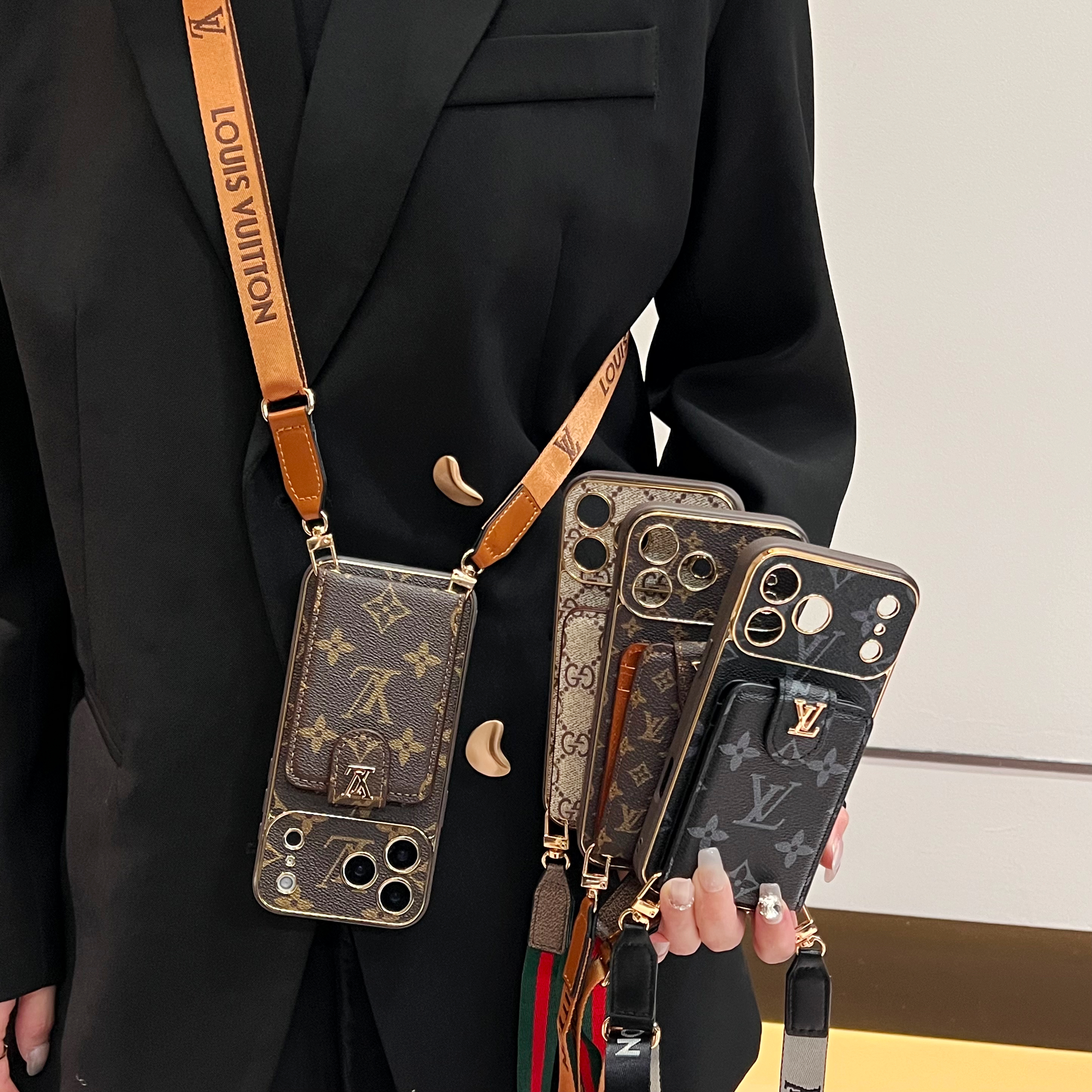 Luxury  Leather Monogram iPhone Case With Card Wallet And Crossbody Strap For iPhone 17 Series-GELV161