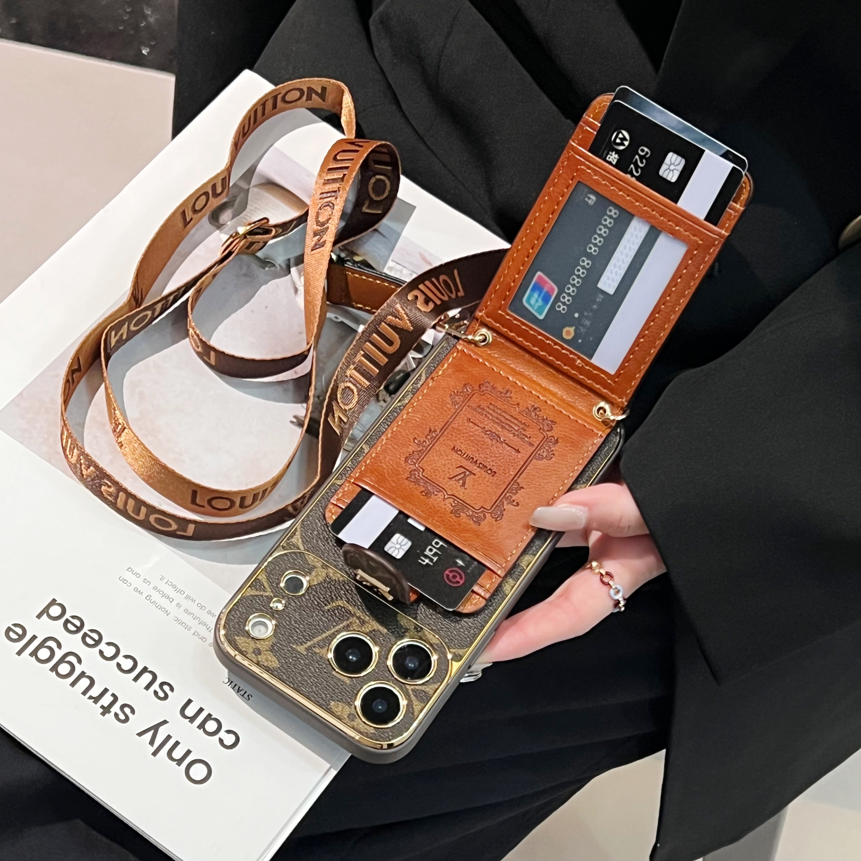Luxury  Leather Monogram iPhone Case With Card Wallet And Crossbody Strap For iPhone 17 Series-GELV161