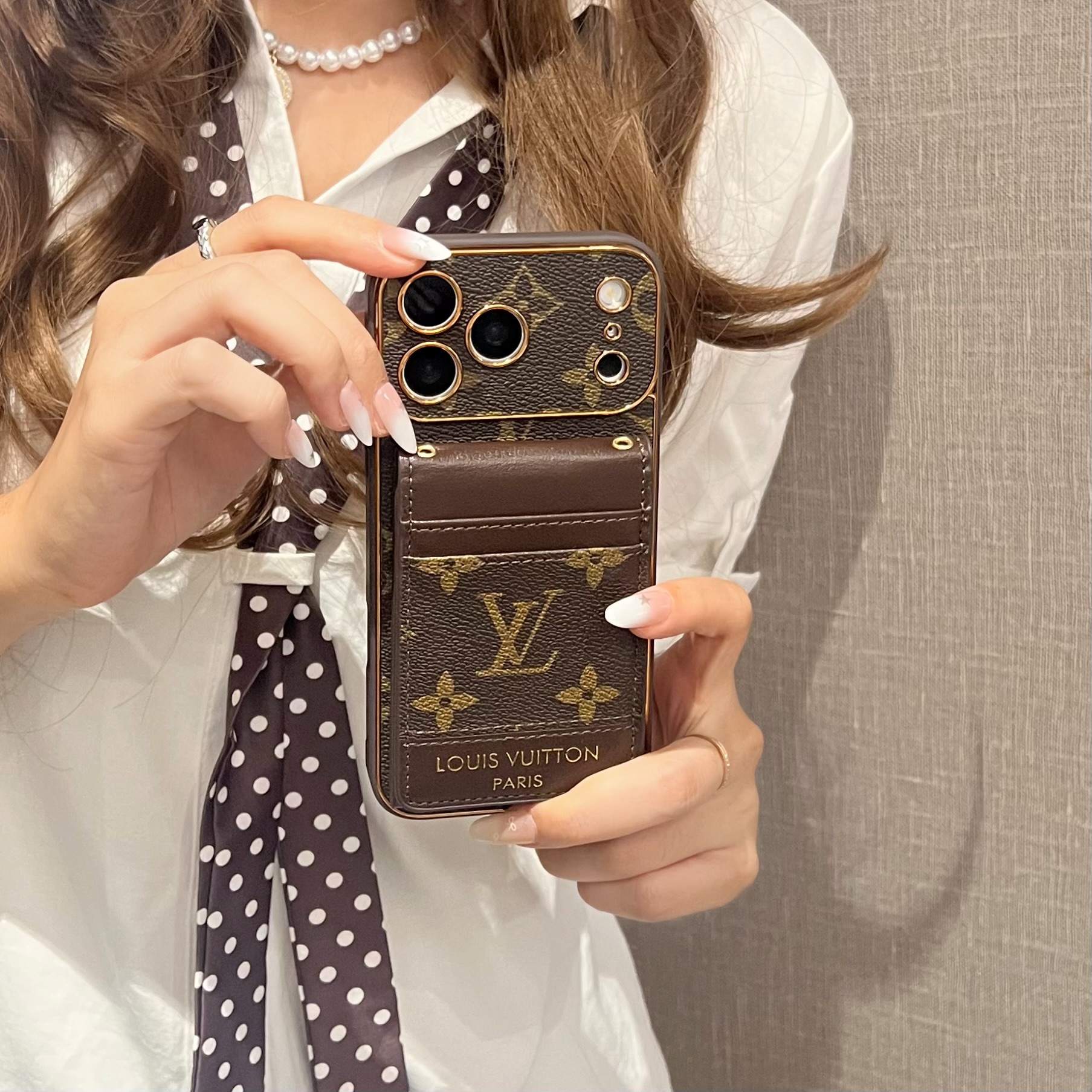 Elegant Leather Monogram iPhone Case With Card Holder For iPhone 17 Series-GELV230