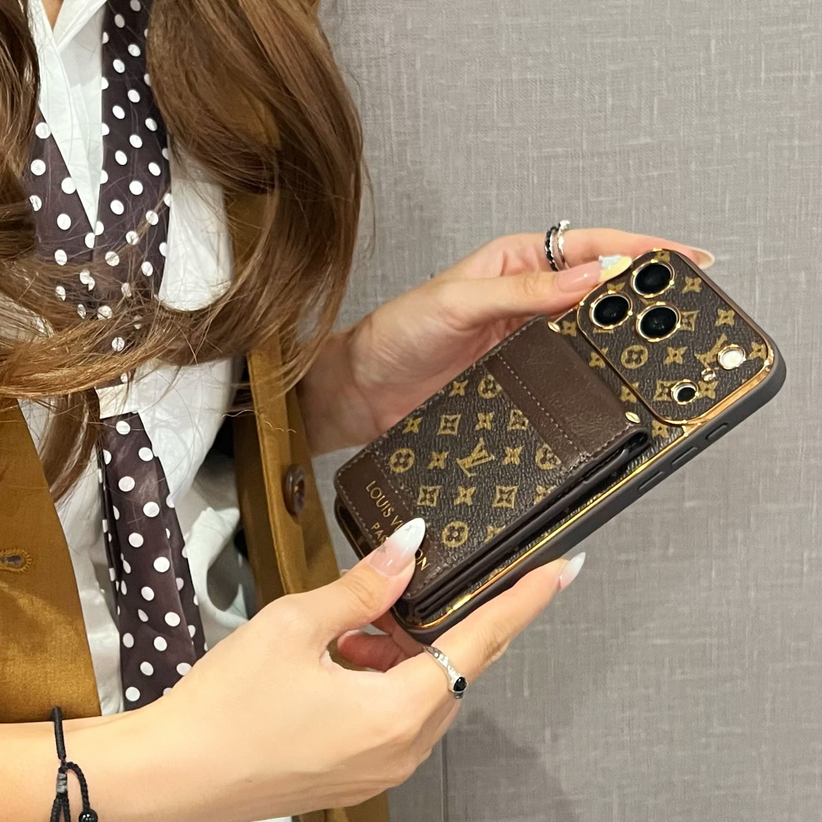 Elegant Leather Monogram iPhone Case With Card Holder For iPhone 17 Series-GELV230