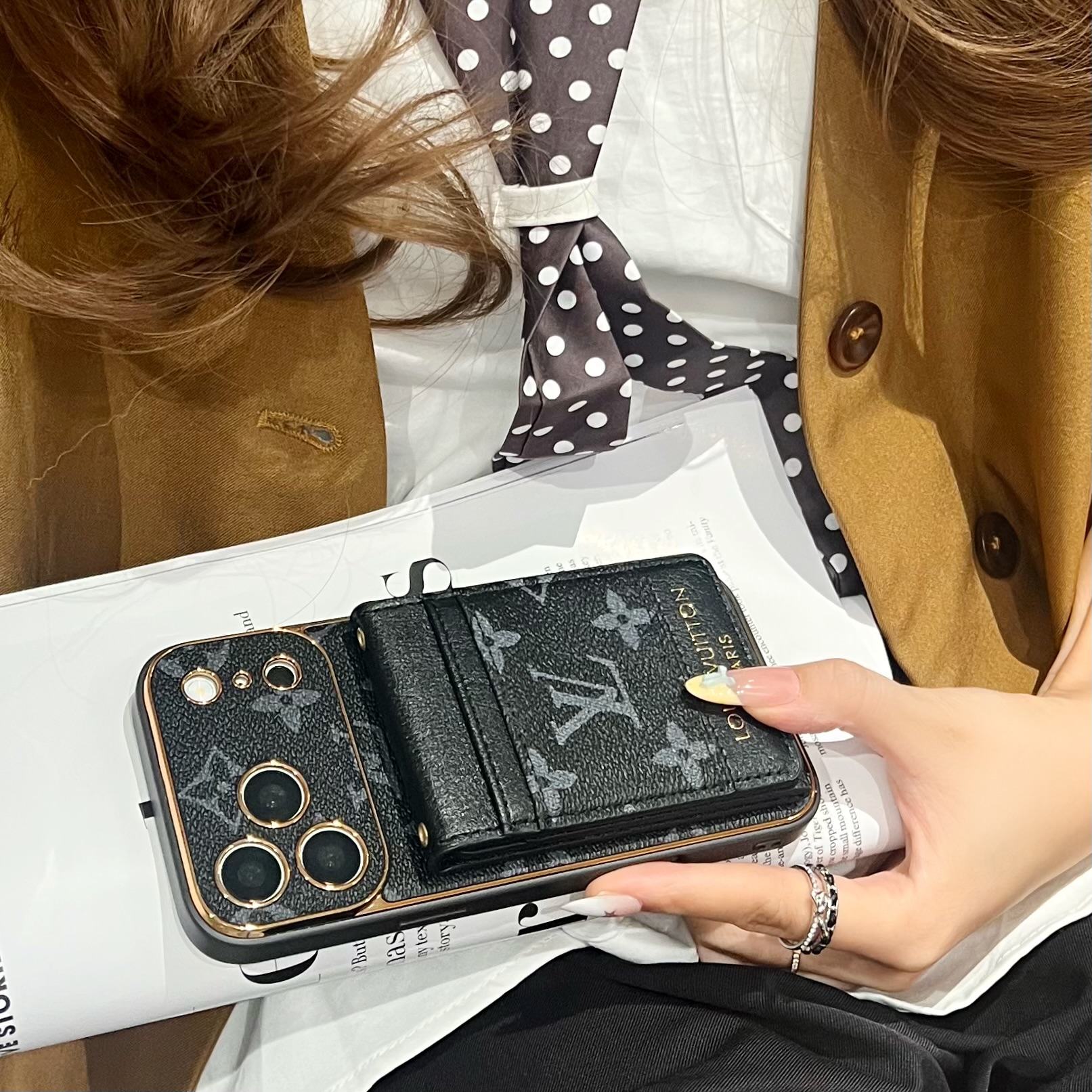Elegant Leather Monogram iPhone Case With Card Holder For iPhone 17 Series-GELV230
