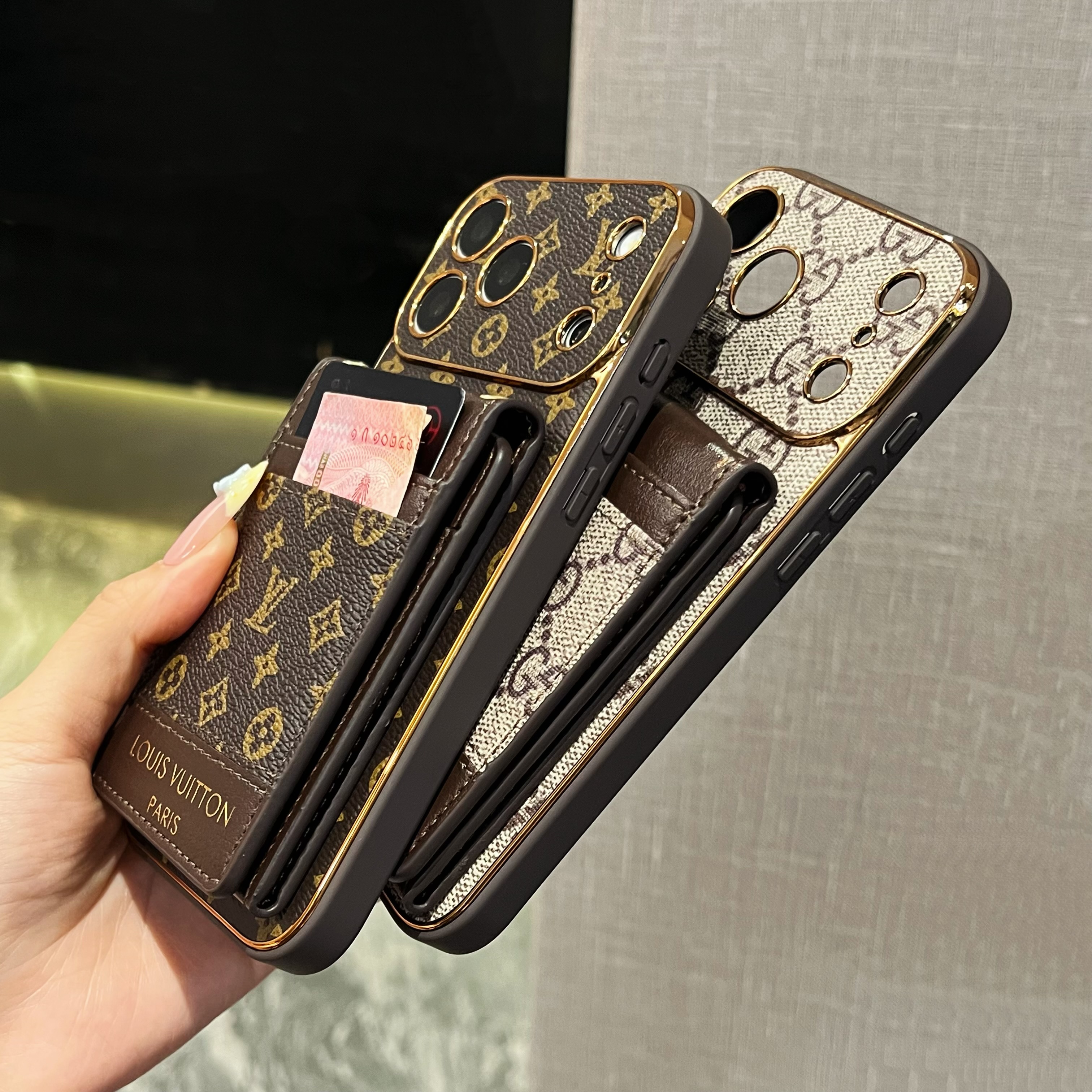 Elegant Leather Monogram iPhone Case With Card Holder For iPhone 17 Series-GELV230